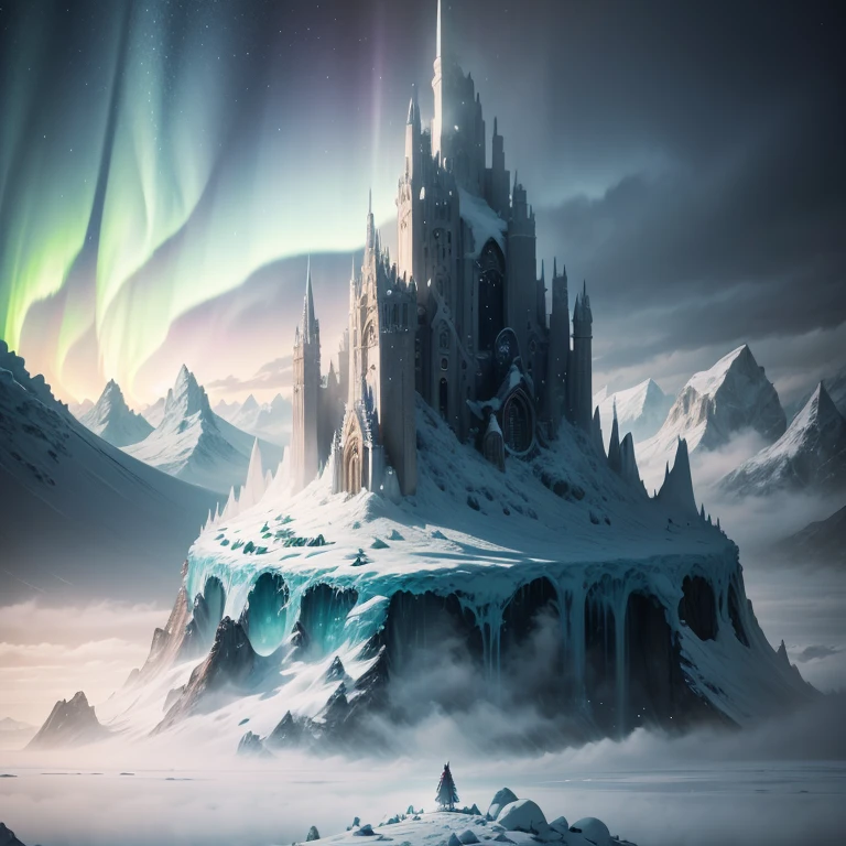 ModelShoot style, (Extremely detailed Cg Unity 8K wallpaper),Snowy mountain landscape with fog,South Pole,aurora,snow mountains,Igloo,Ice sculpture palace,Ice block house,The palace of the Ice Queen,Immerse yourself in the beautiful aurora,photography of:Brandon Woelfelmist,Surreal dreams,Gray atmosphere,raining day,dyna,lut,hdr,Surrealist art fantasy style,Epic digital fantasy art style,Beautiful dream art,