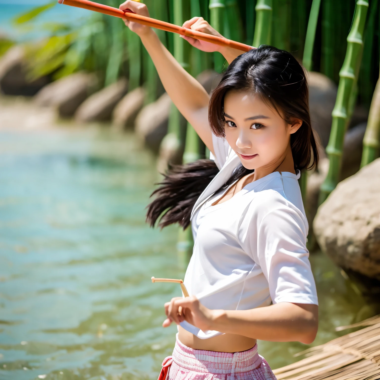 A beautiful malay woman demonstrating martial art while holding a bamboo stick at beach