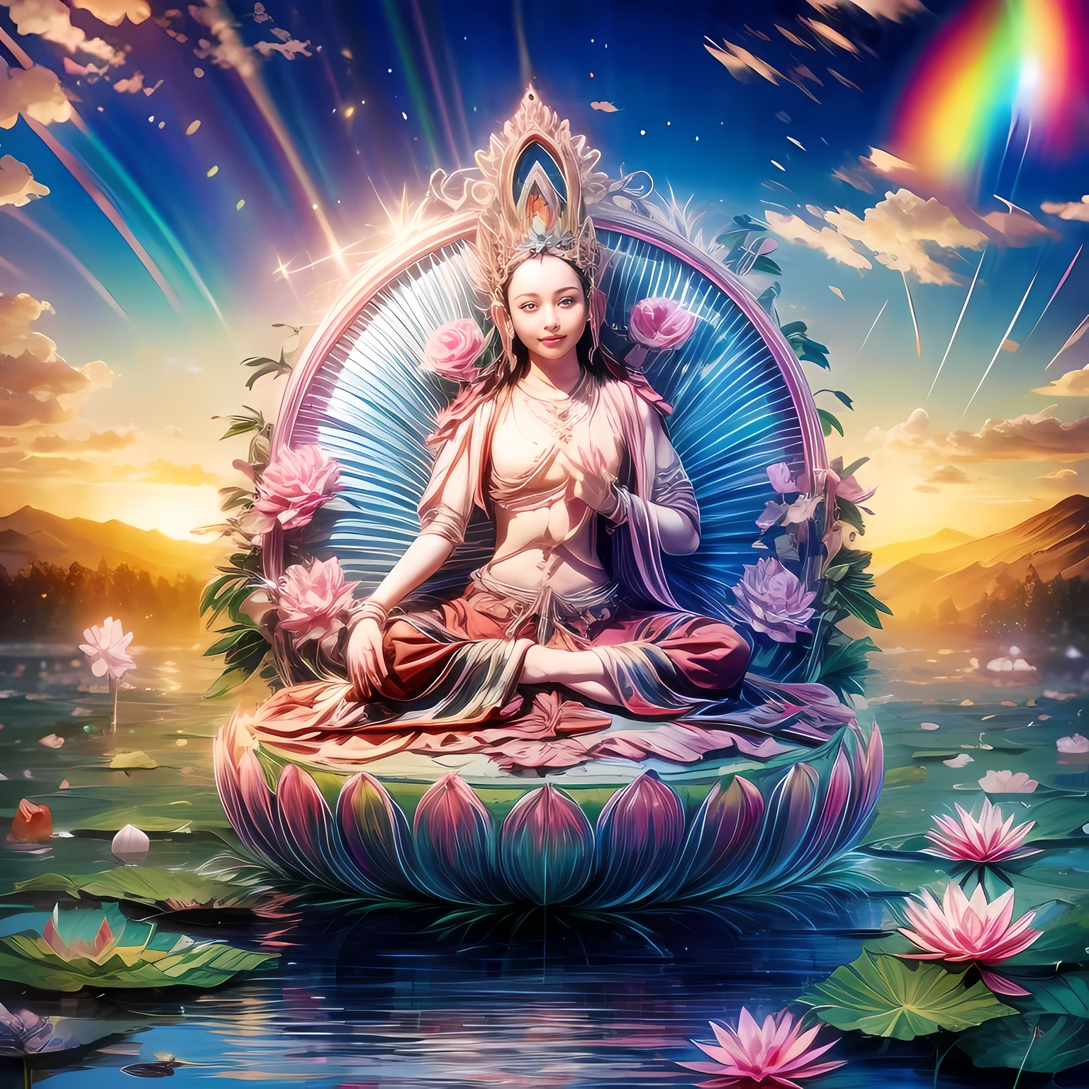 1girl,flower,rainbow,water,bracelet,cloud,lotus,earrings,sky,lotus pedestal,crown,leaf,waves,mudra,skirt,plant,mountain,tiara,buddhism,lily pad,peacock feathers,meditation,