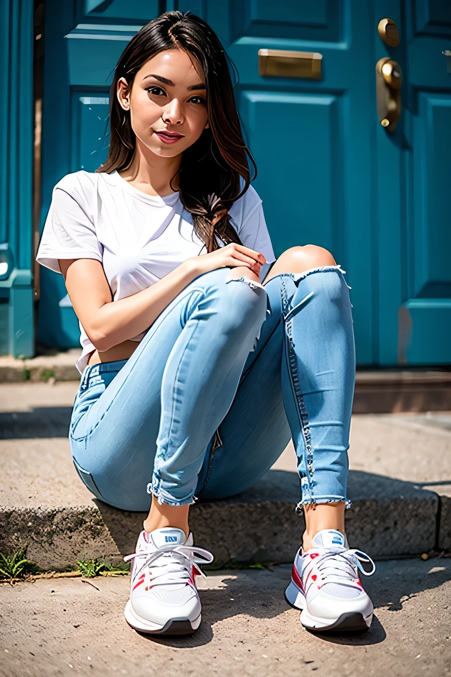 Woman in sneakers , feet, Skinny jeans、close