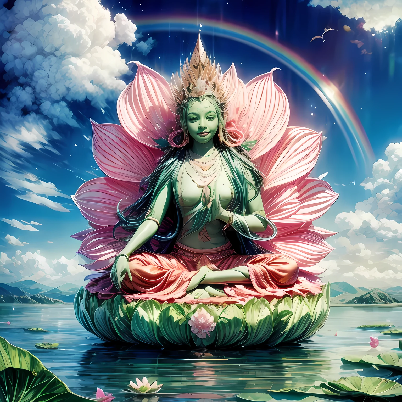 1girl,flower,green skin,colored skin,jewelry,necklace,sandals,rainbow,water,bracelet,cloud,long hair,lotus,earrings,sky,lotus pedestal,crown,hair ornament,pink flower,leaf,waves,mudra,skirt,plant,mountain,tiara,buddhism,lily pad,peacock feathers,meditation,