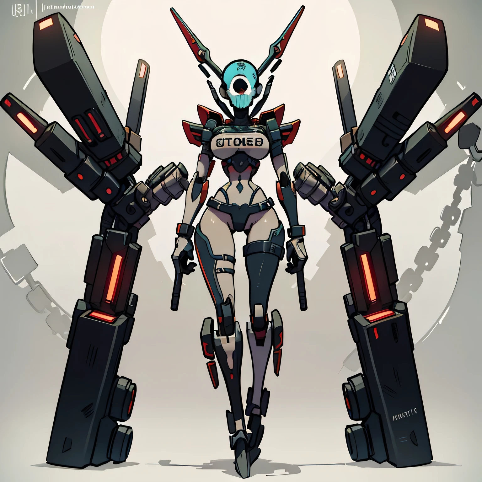 ((Masterpiece)), Full body, blank background, tone, (Punk Rock Necromancer Mecha), decorated with leather, pointed, and chain, This mecha has a rebellious advantage.. Its robotic limbs resemble skeletal appendages., and holding a skull-shaped walking stick. big breast, Quite large. , motherhood, Very dangerous, Exotic, miraculous,