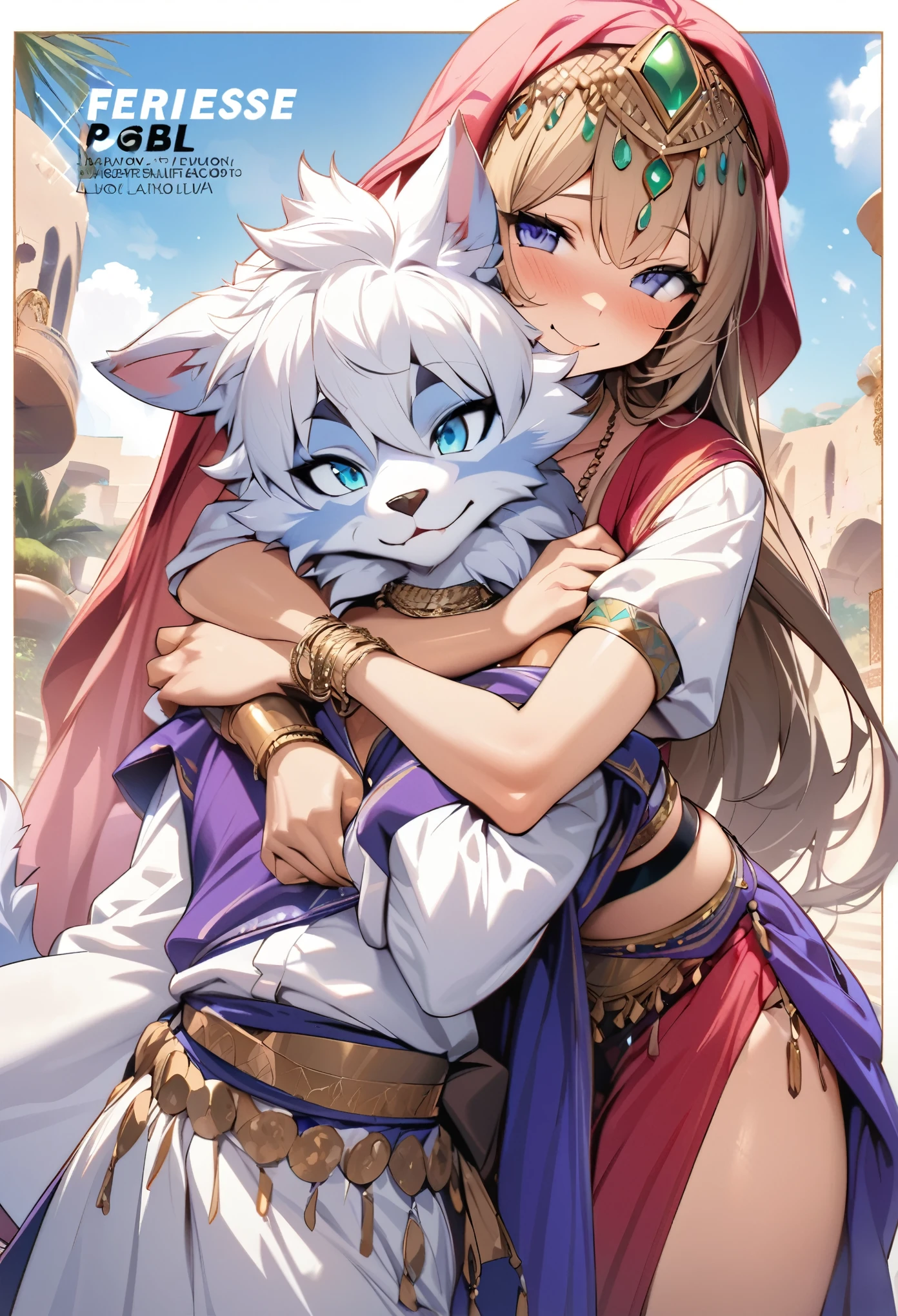 doujinshi cover page, highres, top quality, best quality, paid reward available, unparalleled masterpiece, perfect artwork, absurdres, High-quality illustrations, super high resolution, detailed background, perfect anatomy(1girl, 1boy, couple, kemono, furry anthro, fearless smile, Arab national costume, hugs from behind, love romance)Aladdin and the magic lamp,