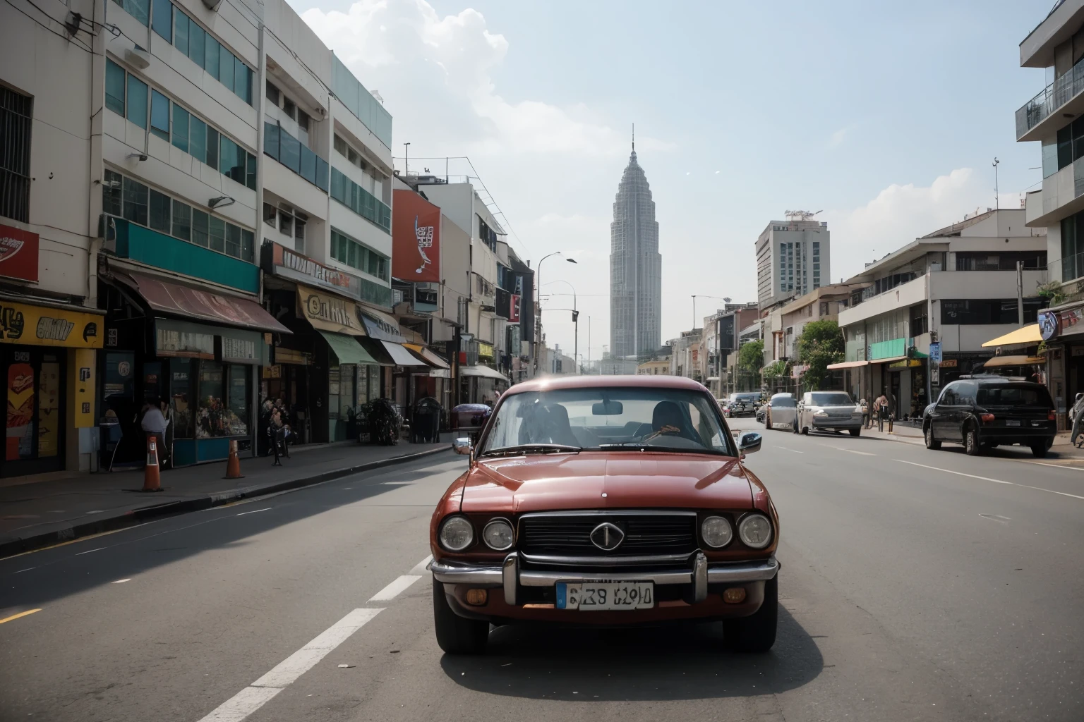 a photo of kuala lumpur, with a car centered, two man dealing infront of it