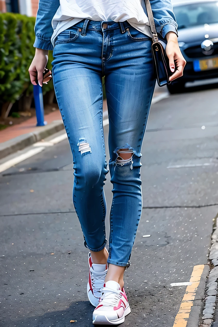 Woman in sneakers , feet, Skinny jeans、close