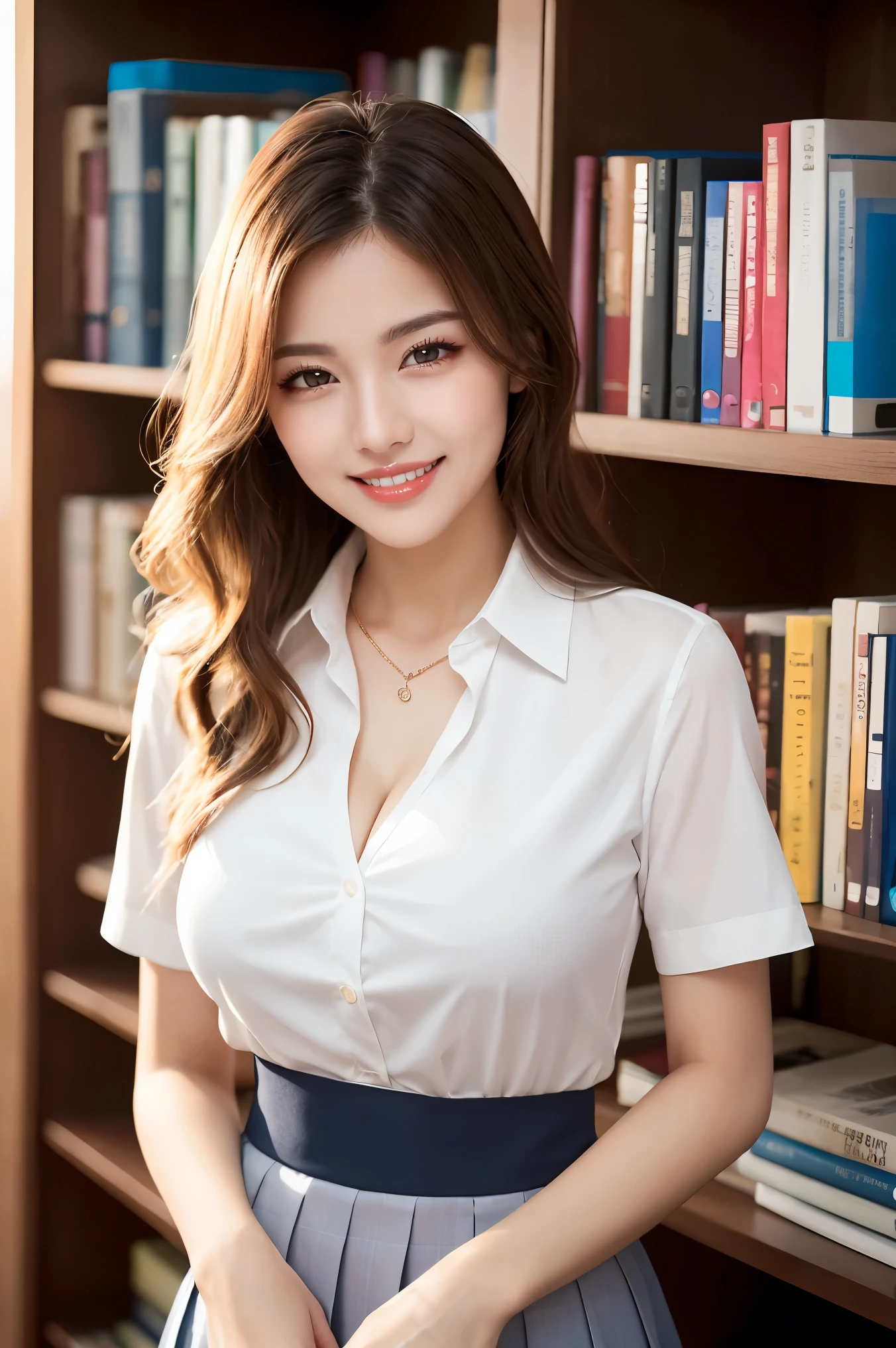 (highest quality、Tabletop、8k、Award-winning works、Ultra-high resolution、Best image quality)、(A high school girl in a high school uniform:1.1)、(White polyester collared shirt:1.1)、(Cleavage:1.1)、High  Pleated Skirt、(The most beautiful smile looking at me:1.1)、(Smiling widely, showing off beautiful teeth:1.1)、Beautiful and elegant very long wavy hair、(Blonde Hair:1.1)、library、(Standing Elegantly:1.1)、Stand next to a bookshelf、(A perfectly organized bookshelf:1.1)、Bookshelf in the background、居心地の良いlibrary、lipstick、Long eyelashes、Heavy makeup、Perfect Makeup、Colored contact lenses、Accentuate your body lines、Big ample breasts、Soft and warm lighting、Detailed bookshelf、(Ultra-high resolutionの正確な美しい髪:1.1)、(Accurate anatomy:1.2)、Ultra-high definition beautiful eyes、Ultra-high definition beautiful teeth