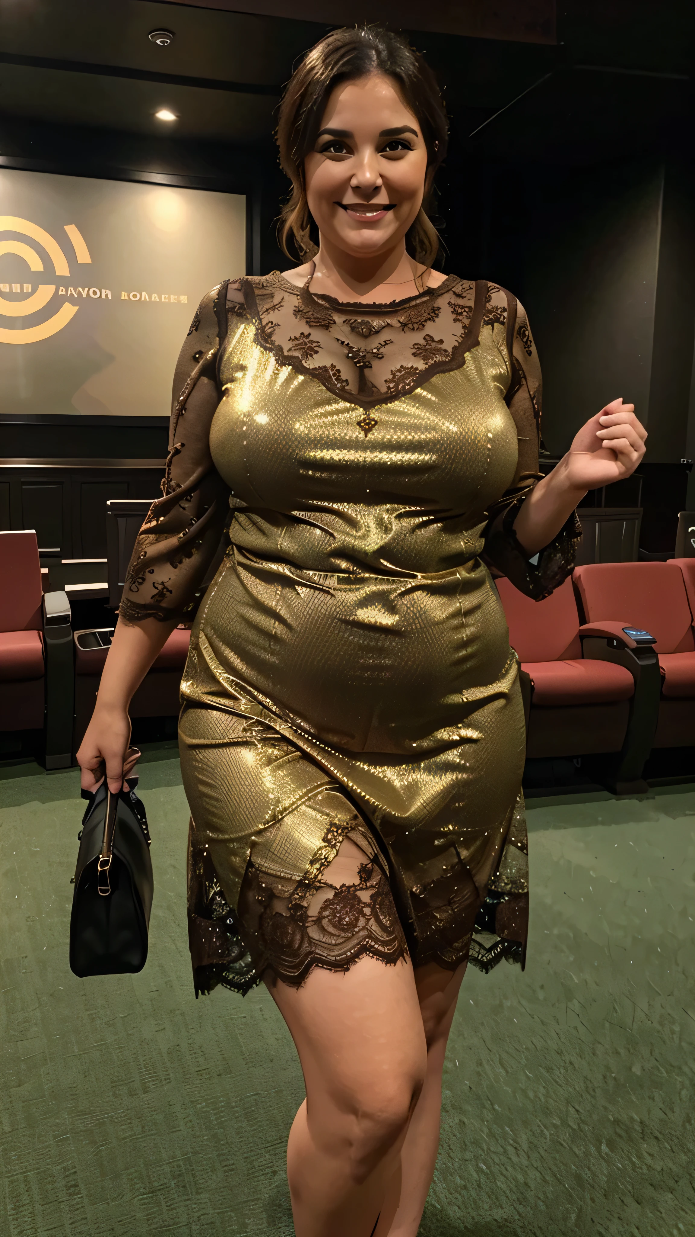 A beautiful and hot almost chubby mature  woman.who is wearing a shiny brown dress with lace-like sleeves and standing in the cinema hall. A smiling face