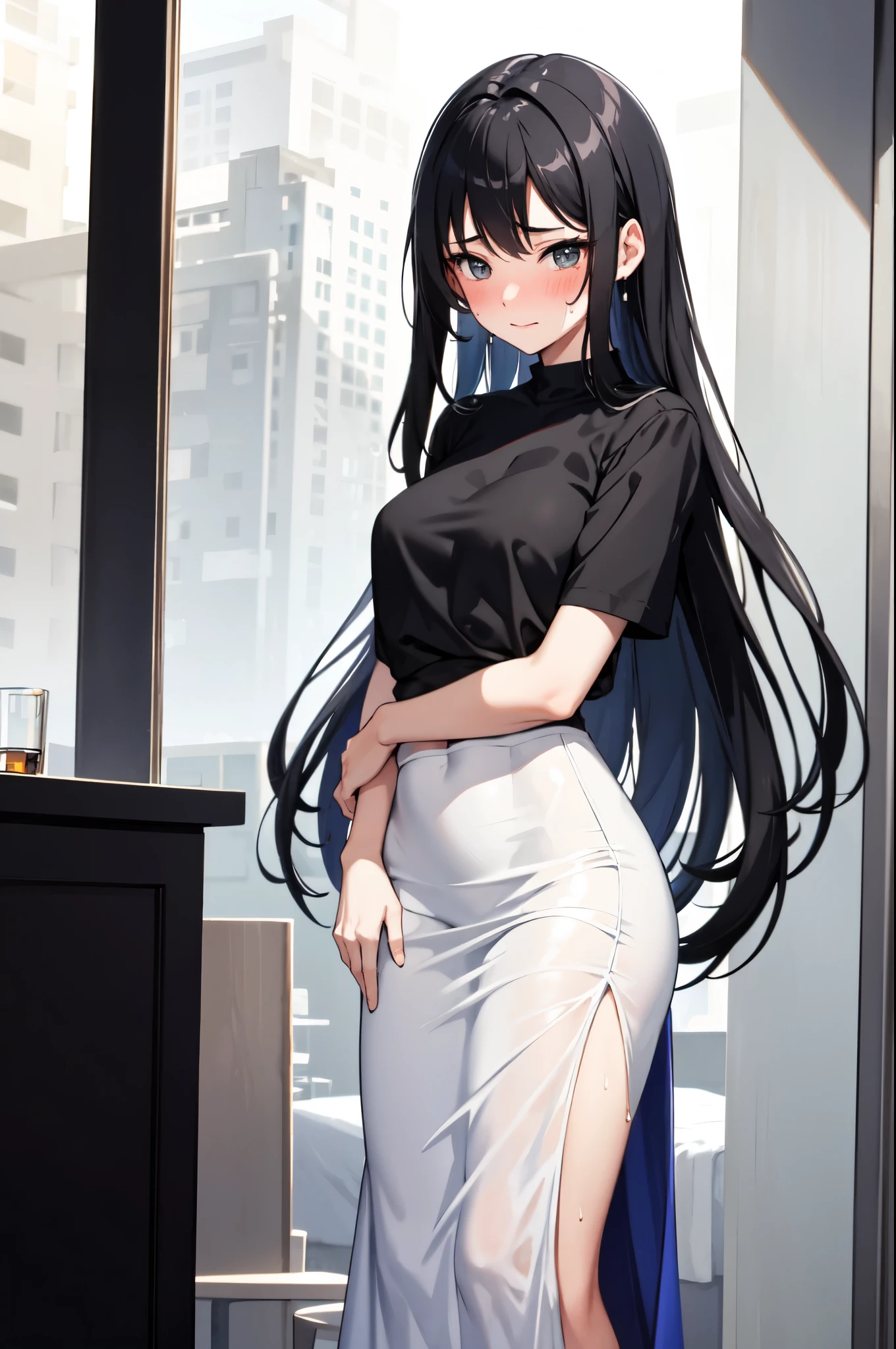 Master piece, 1girls, long skirt, black hair, Sweating , blushing
