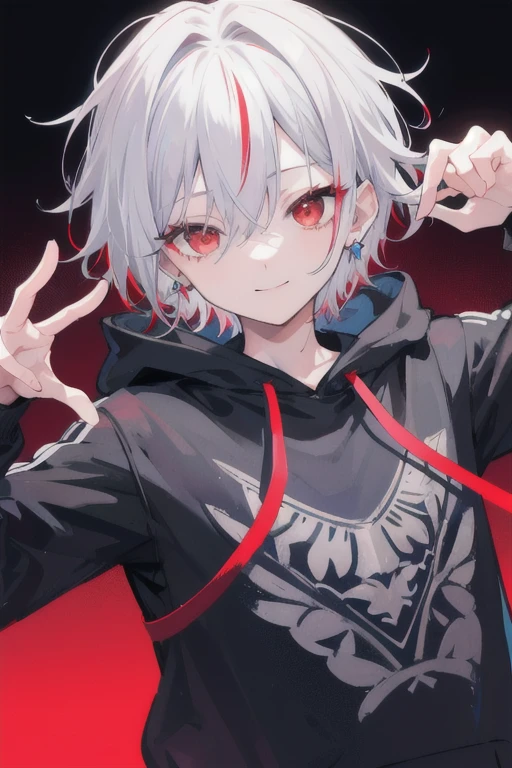 One boy,alone,One boy,alone,((美しいRed eyes)), (Detailed light),Depth of wrthatten boundary,(Silver Hair),(Light blue mesh on the bangs)Red eyes,Hair on one eye,Mash Bob Hair,blue earrings,Black oversized hoodie,sing passionately,Remember,that&#39;that&#39;that&#39;karaoke,Grab the microphone,sing,sketch,Upper Body,seems to be happy,smile,