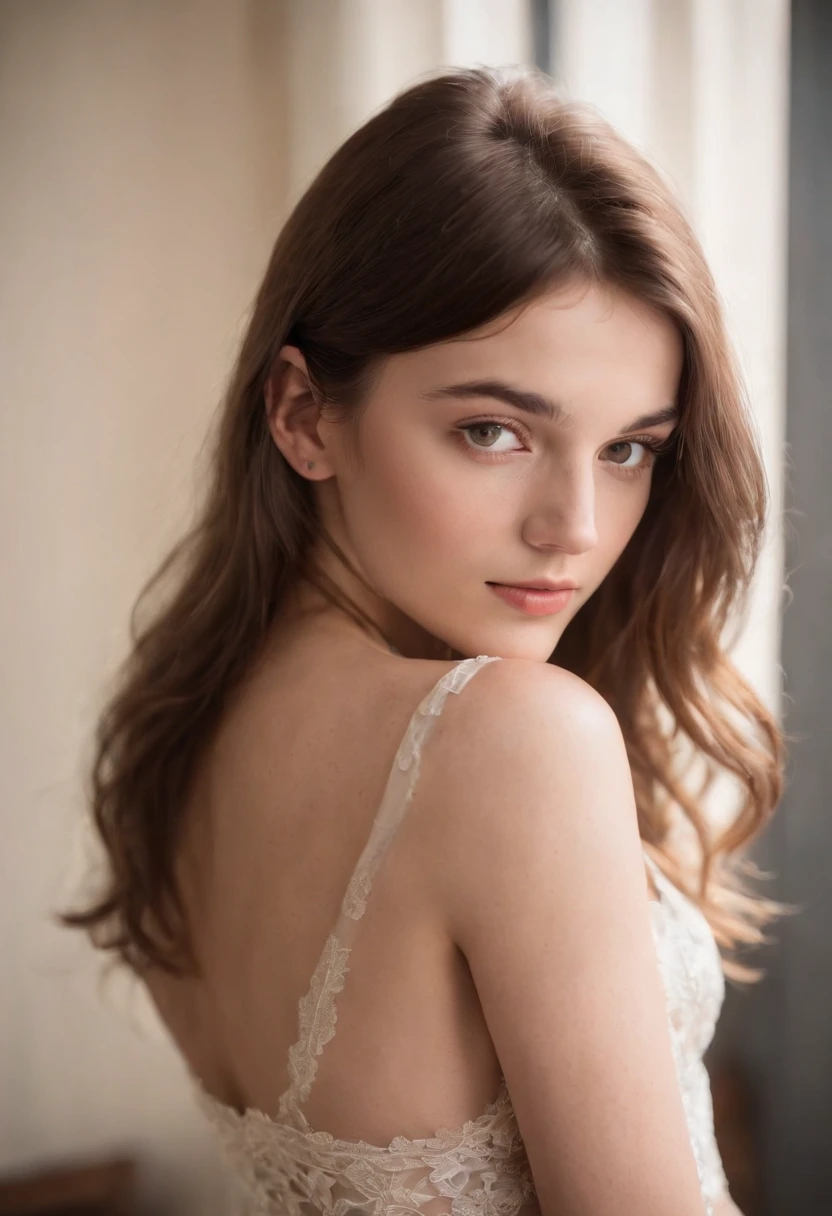 A photorealistic portrait of a 19-year-old french girl with long, flowing brown hair with a bang and striking brown eyes. She should have a natural, approachable expression and be illuminated by soft, golden-hour sunlight. Boudoir photography sexy lingerie sensual