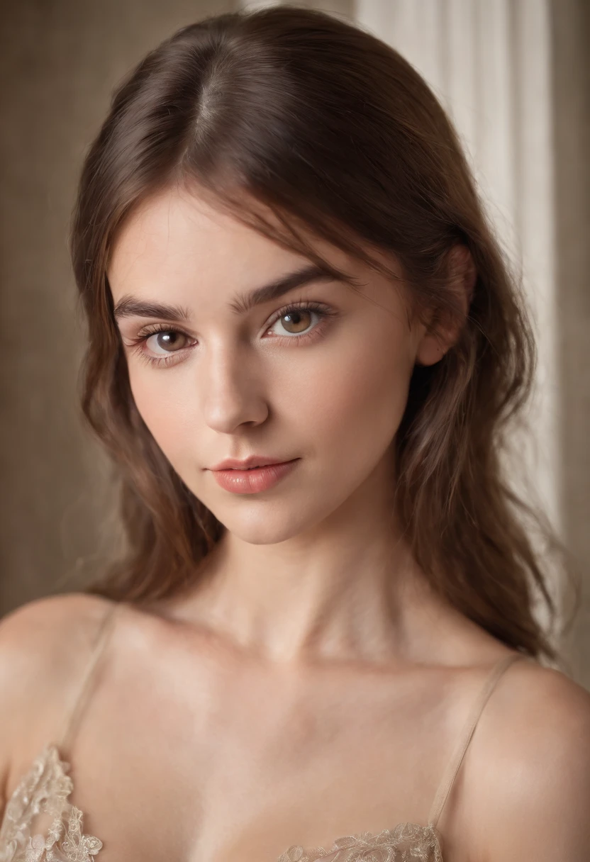 A photorealistic portrait of a 19-year-old french girl with long, flowing brown hair with a bang and striking brown eyes. She should have a natural, approachable expression and be illuminated by soft, golden-hour sunlight. Boudoir photography sexy lingerie sensual