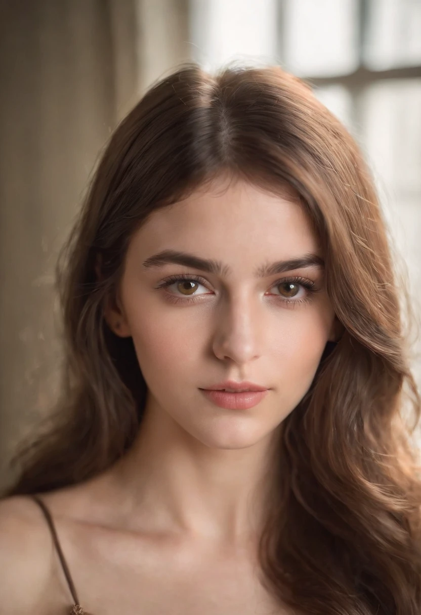 A photorealistic portrait of a 19-year-old french girl with long, flowing brown hair with a bang and striking brown eyes. She should have a natural, approachable expression and be illuminated by soft, golden-hour sunlight. Boudoir photography sexy lingerie sensual