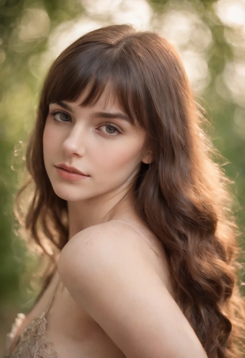 A photorealistic portrait of a 19-year-old french girl with long, flowing brown hair with a bang and striking brown eyes. She should have a natural, approachable expression and be illuminated by soft, golden-hour sunlight. Boudoir photography sexy lingerie sensual