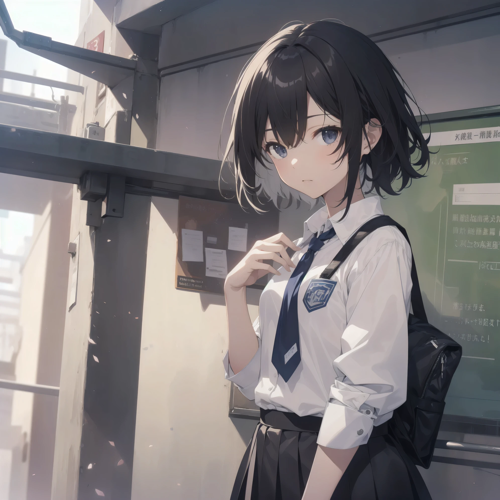 ultra-absurdres-Top quality by artist God, ultra-detailed, high resolution, anime moe artstyle, best anime 8k konachan wallpaper, pixiv contest winner,pool:2810, perfect anatomy,break, 1girl, (Please draw a girl walking sleepily to school alone. )break,(Solo,little female, 13-year-old:1.3),Full limbs, complete fingers,a junior high school student, (very short hair), short cut, flat chest, , small butt, small black eyes, beautiful detailed eyes, well-proportioned iris and pupils, expressive eyes, highres detailed hair, soft expression, school_uniform, official_alternate_costume, neckerchief, collared shirt. pleated skirt,(Detailed Lighting), (Detailed background), in the School commute route. break,super detailed skin, Best cinematic lighting powered by famous artist, 8k,beauty illustration,photoshop_(medium),very aesthetic,break,((artist:ciloranko )), artist:bolze ,artist:oyari_ashito ,artist:kantoku ,