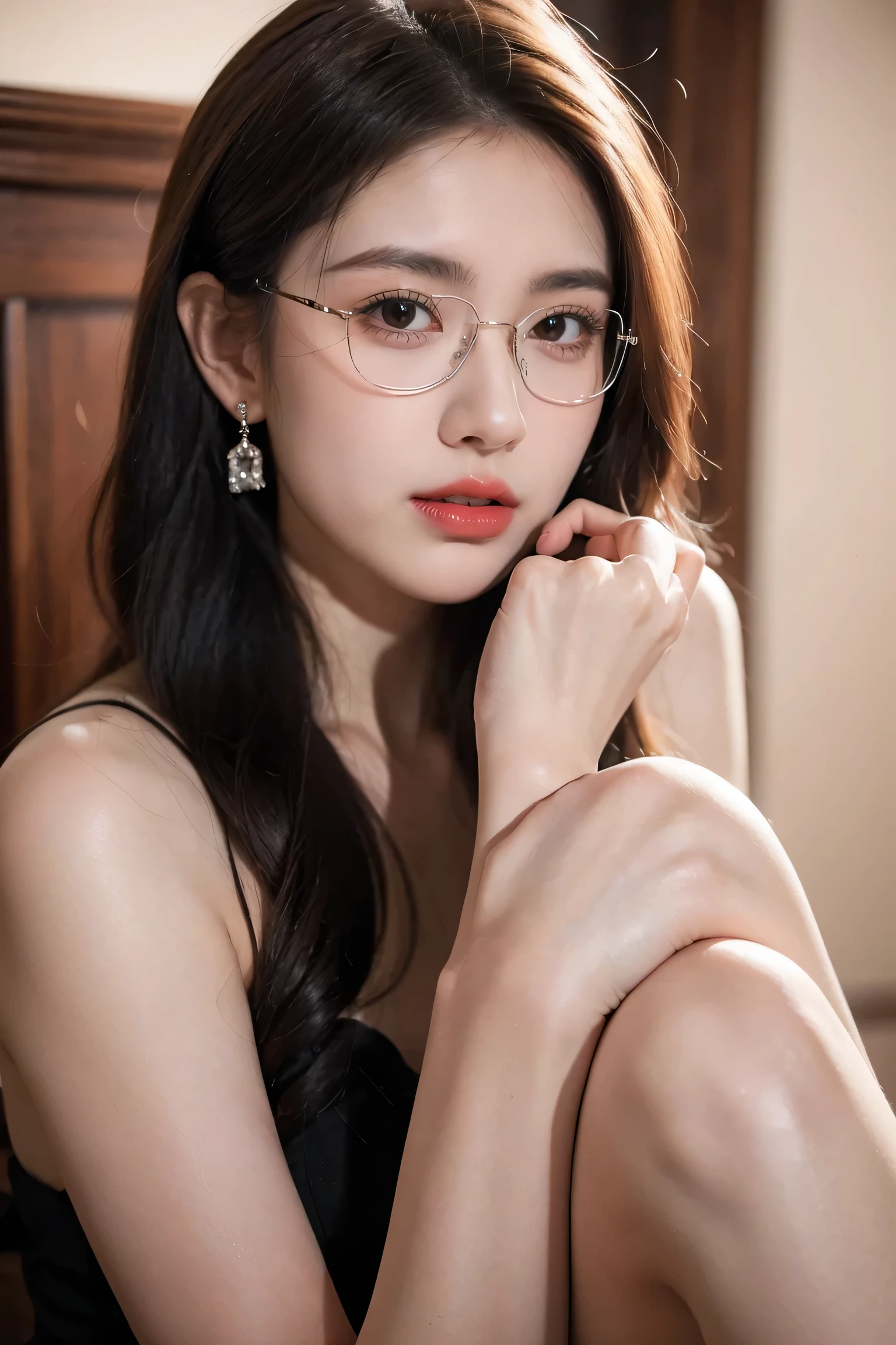 Top CG, Highest image quality, masterpiece, Gentle and beautiful girl, (185cm美女), (fit), Imperial sister, Queen temperament, White skin, ((Long legs)), perfect facial features, Bright Eyes, Seductive pose, Red lips, Beautiful and cold (A major breakthrough)), Beautiful and heroic, Soft and long hair, Glittering, Lace, net, Visible through clear skin, wear glasses, Diamond Earrings, Pink dress), 8K Image Quality, (Realistic Portraits), Characters fill the screen, (Facial lighting), ((eternal)