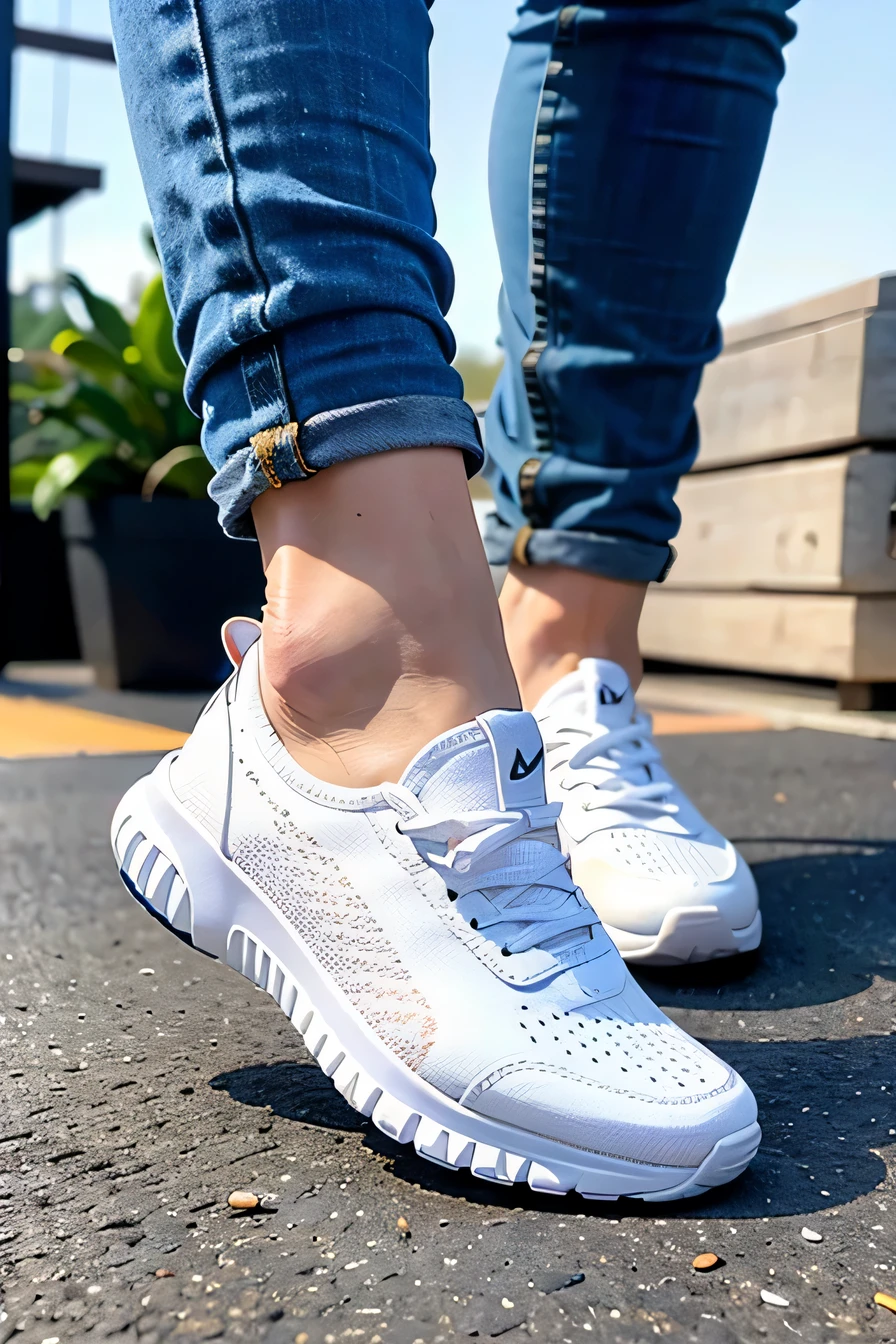 Woman in sneakers , feet, Skinny jeans、close