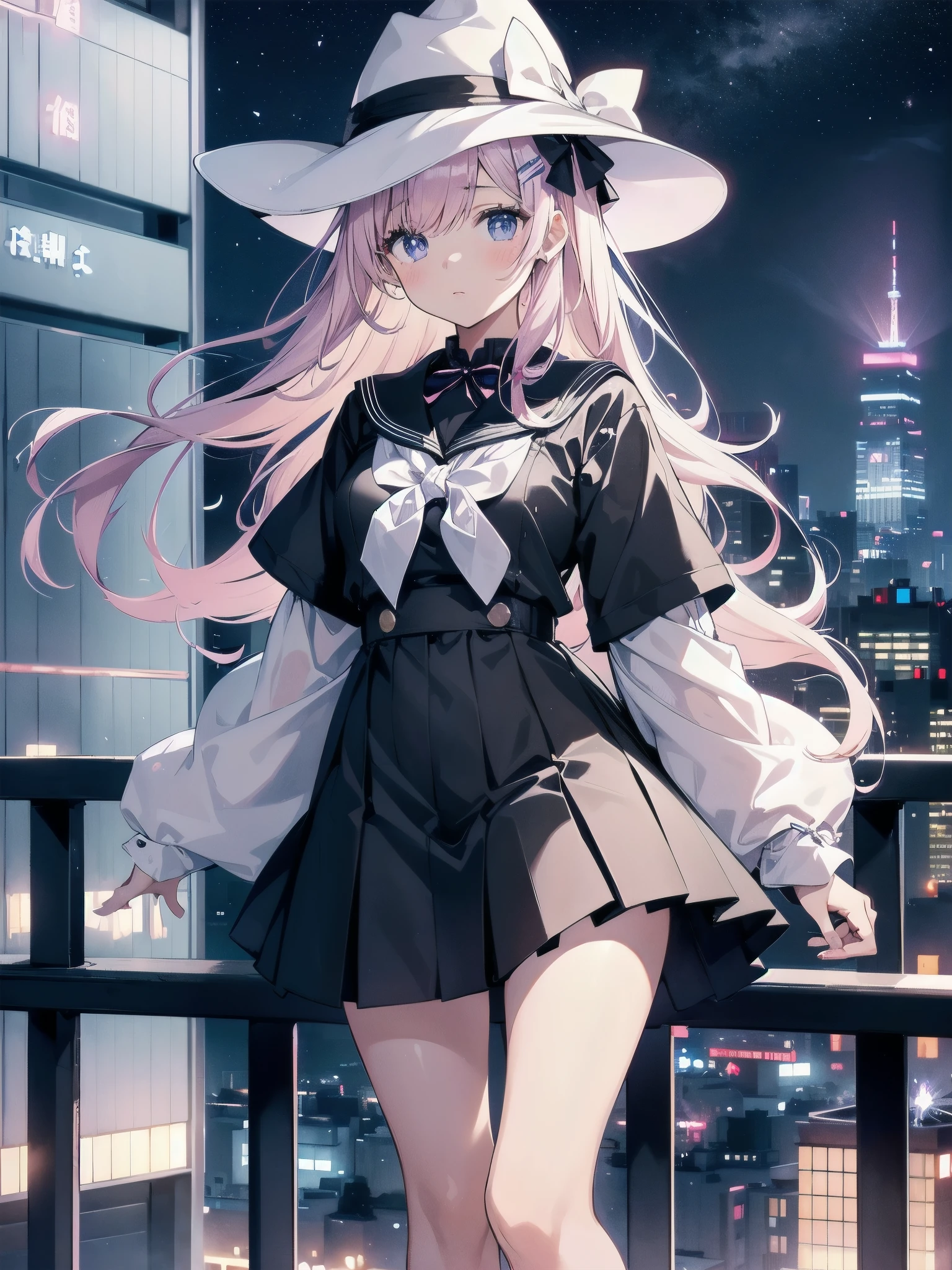 A girl stands on the rooftop of a high-rise building overlooking Tokyo late at night、A high school student wearing a white and black sailor uniform with a pale pink ribbon、She wears a large witch's hat with a small sapphire accessory、A few star creams、Beautiful starry sky、Beautiful night view、