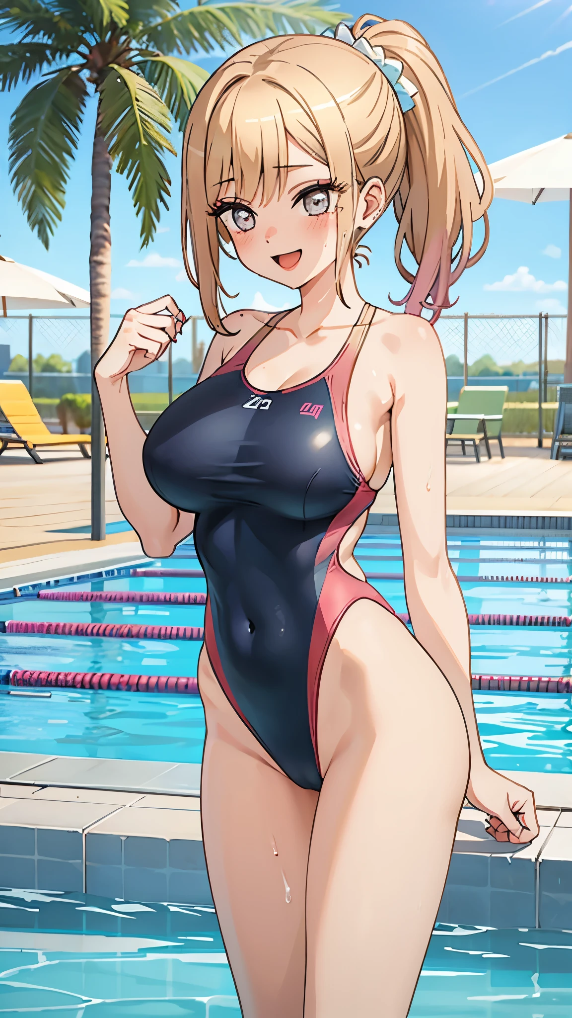 competition swimsuit, Big Breasts,1girl, skinny body, pool,🍬🎠🎢😄