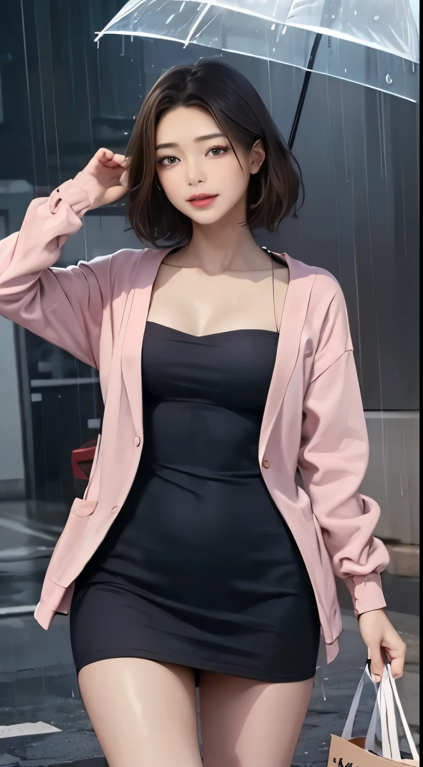 ((highest quality, 8k, masterpiece:1.3)), concentrated: 1.2, Perfect body beauty: 1.4, Hips: 1.2, ((Short layered haircuts, chest: 1.2)), (Wet clothes: 1.1), (rain, street:1.3), long cardigan、Silk bandeau dress: 1.1, Highly detailed face and skin texture, Beautiful Eyes, double eyelid, Whitening skin, Long Hair, (shut up: 1.3), smile