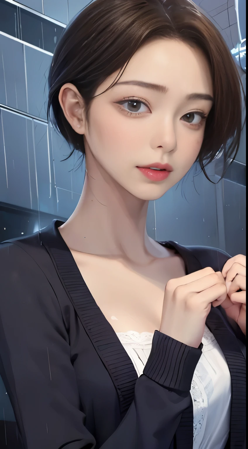 ((highest quality, 8k, masterpiece:1.3)), concentrated: 1.2, Perfect body beauty: 1.4, Hips: 1.2, ((Short layered haircuts, chest: 1.2)), (Wet clothes: 1.1), (rain, street:1.3), long cardigan、Silk bandeau dress: 1.1, Highly detailed face and skin texture, Beautiful Eyes, double eyelid, Whitening skin, Long Hair, (shut up: 1.3), smile