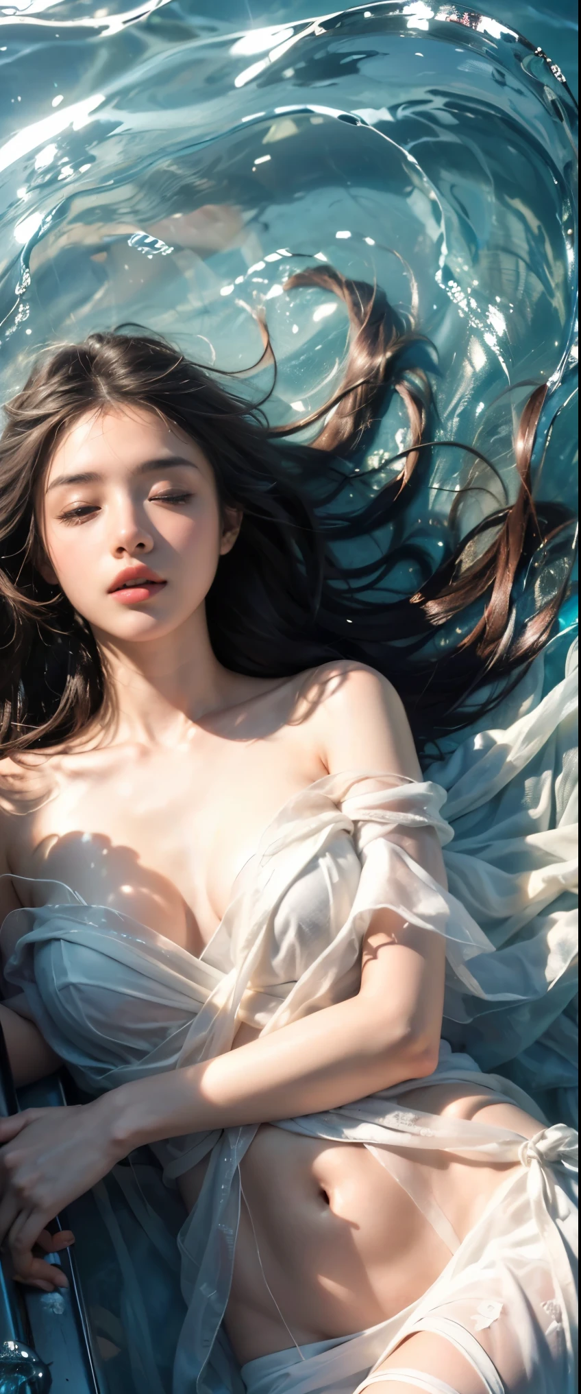 ((masterpiece, highest quality, Highest image quality, High resolution, photorealistic, Raw photo, 8K)), ((Extremely detailed CG unified 8k wallpaper)), Floating woman, In the middle of the ocean, a person in distress sleeping on a raft, eyes closed, a woman in a white dress, floating in the sea, seen from above,