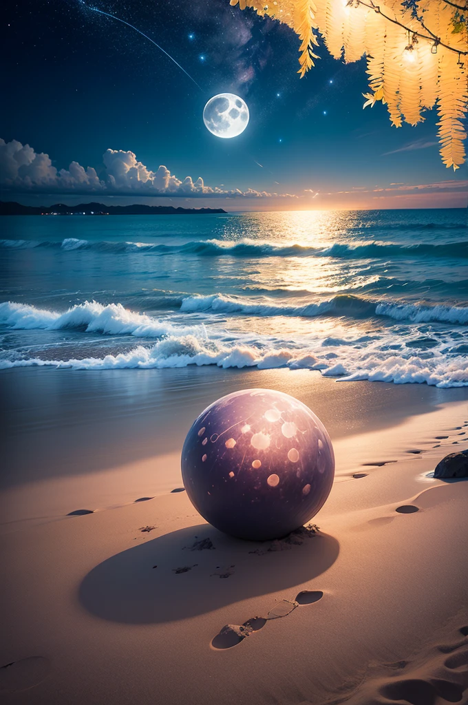 Create a hyper realistic photo contain an outstanding scene of full moon on a beach. Night time, starry night, 