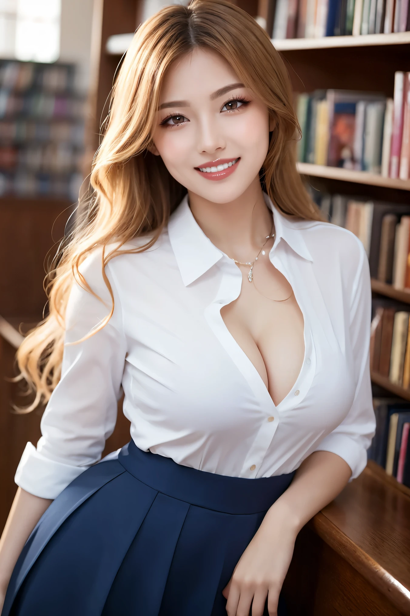 (highest quality、Tabletop、8k、Award-winning works、Ultra-high resolution、Best image quality)、One high school girl、(Polyester high collared shirt:1.1)、(Cleavage:1.1)、Navy Pleated Skirt、The most beautiful smile looking at me、Smiling widely, showing off beautiful teeth、Beautiful and elegant very long wavy hair、(Blonde Hair:1.1)、library、(Standing Elegantly:1.1)、Stand next to a bookshelf、(A perfectly organized bookshelf:1.1)、Bookshelf in the background、居心地の良いlibrary、lipstick、Long eyelashes、Heavy makeup、Perfect Makeup、Colored contact lenses、Accentuate your body lines、Big ample breasts、Soft and warm lighting、Detailed bookshelf、(Ultra-high resolutionの正確な美しい髪:1.1)、(Accurate anatomy:1.2)、Ultra-high definition beautiful eyes、Ultra-high definition beautiful teeth