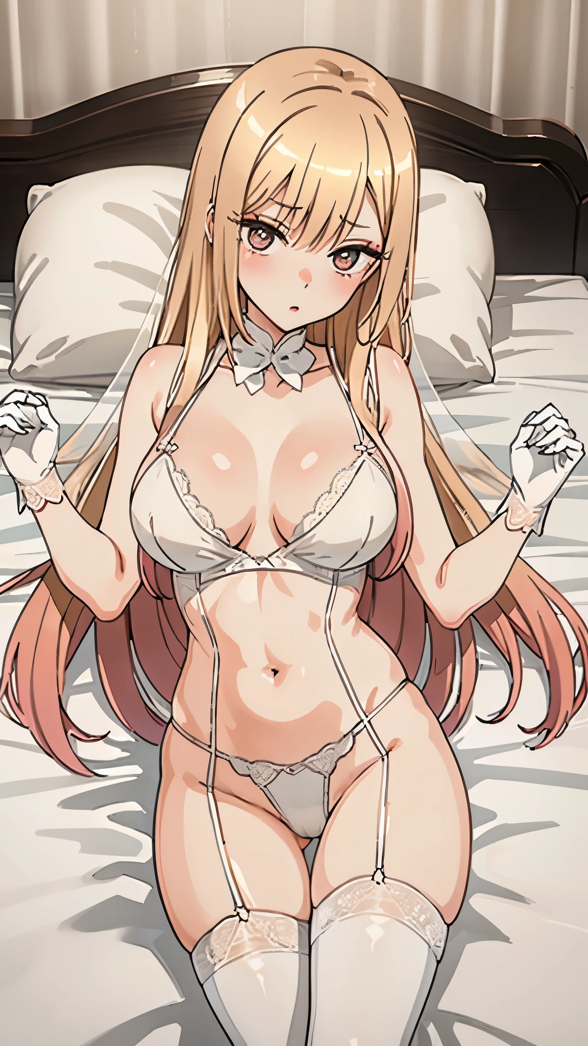 white lingerie,(wedding style:1.2)White garter belt(oily skin:1.5),(shiny skin:1.2),on the canopied bed, in a dimly lit room, lying in bed, white lace long gloves,(slender body:1.2)straight hair,(big boobs),((best quality)),masterpiece,Marin Kitagawa