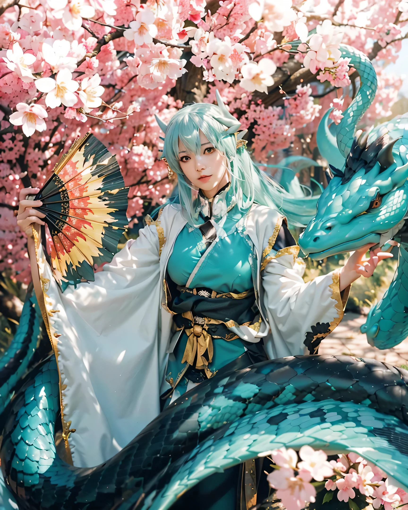 (KIYOHIME_FATE GRAND ORDER),((realistic, photorealistic)),(highlight hair)), Light reflection, (( HD )),((upper body)), (((best quality, masterpiece))), (masterpiece) (best quality) (detail) (8k) (HDR) (wallpaper) (cinematic lighting) (sharp focuasterpiece, best quality: 1.1), Real life adaption of this character, Asian teen beauty face, Shining Purple eyes, realistic outfit, realistic shadow, realistic light, realism, hyper realistic, realistic background,(photorealistic:1.2), 1girls,Background of cherry blossom trees, dragon snake coiled body, dragon snake scales, holding fan kiyohime Fate Grand order,Sakura foreground blur, smoke spirit mist, glowing fan, glowing dragon snake eyes, detailed dragon snake head, flying cherry blossoms,Motion blur of coiled snake, Motion blur of cherry blossoms flying,Scales coming off, blurred background,Holding his dragon's head, horned,