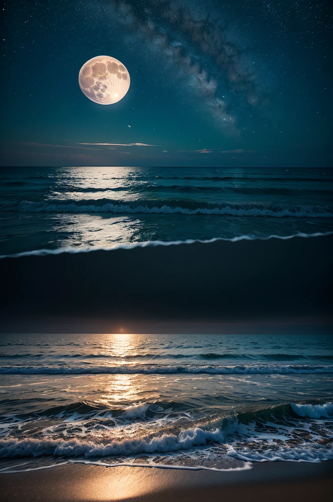 Create a hyper realistic photo contain an outstanding scene of full moon on a beach. Night time, starry night, 