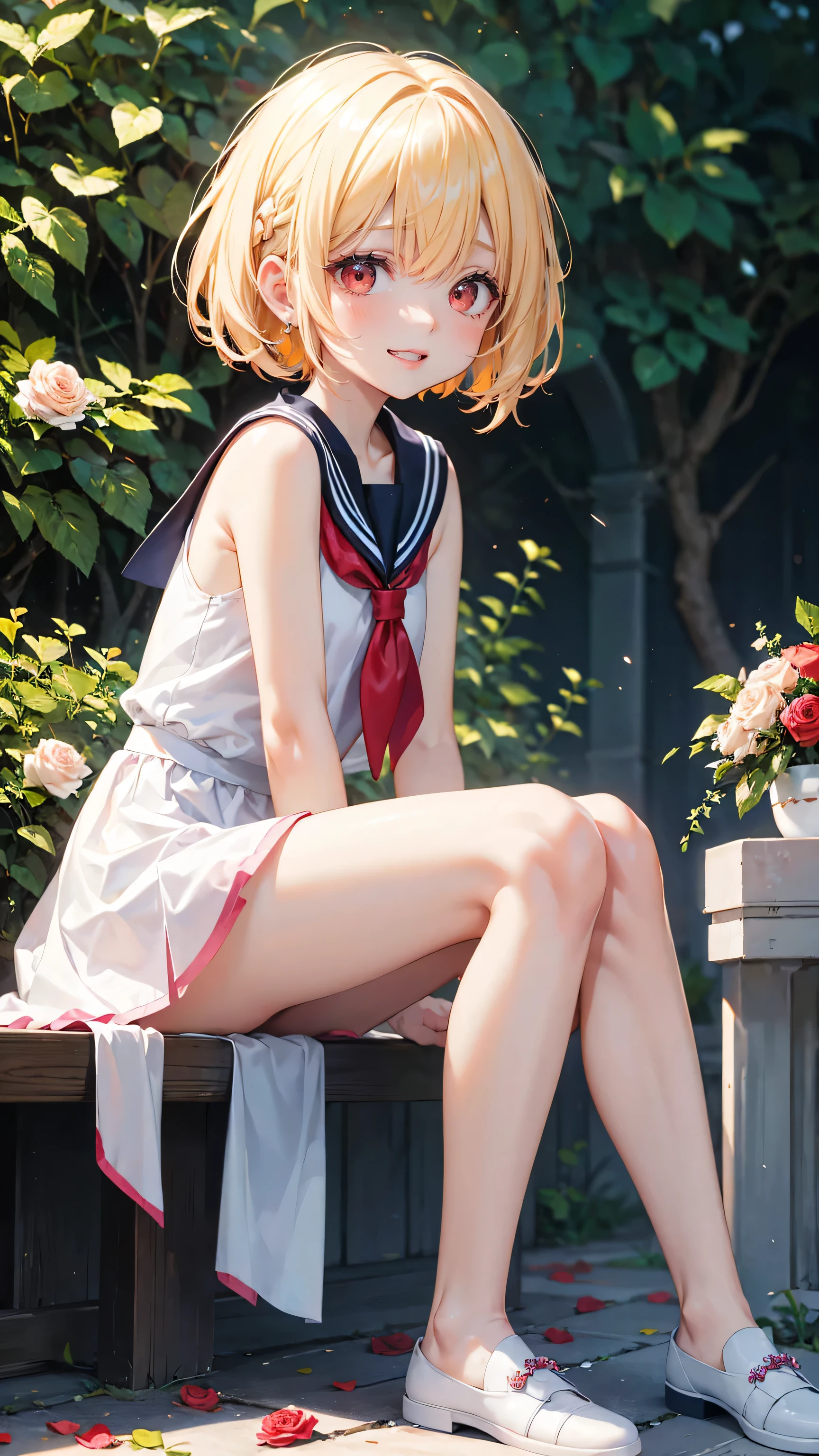 Very cute girl、(I'm )、light yellow hair、Shortcuts、Bangs too close to the eyes、Glowing red eyes、(Normal Human Ear)、Thin arms、Beautiful body、Thin legs、Flat Chest、Translucent white skin、Happy smile、Open your mouth、(Sleeveless sailor suit、Ultra mini skirt).(Rose Garden)、Playing innocently、Ultra HD、Digital SLR、Many colorful roses blooming in the background、Upper Body Shot、Sitting with legs crossed、Sitting with knees hugged、running、