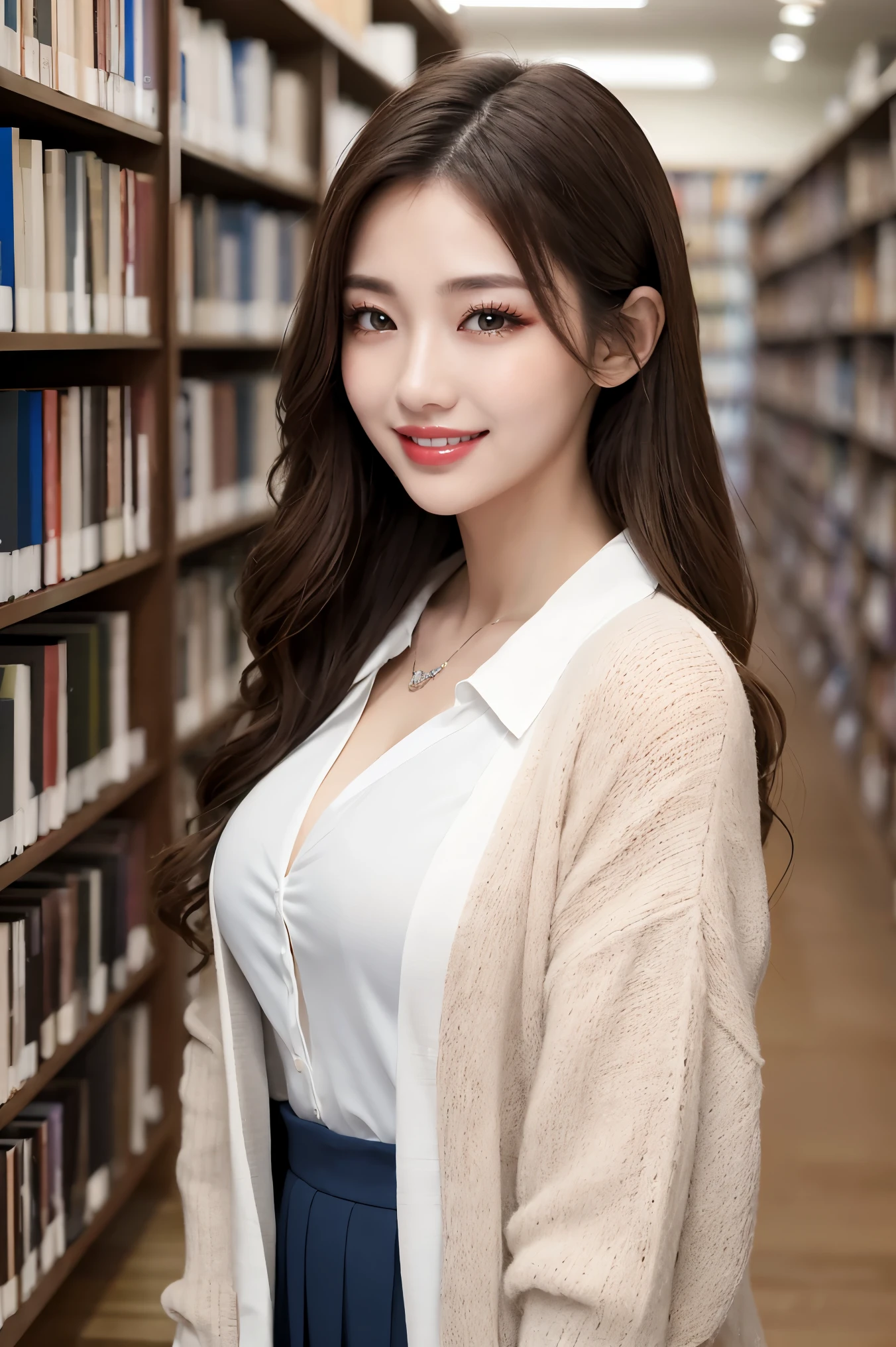 ((highest quality、Tabletop、8k、Best image quality))、One high school girl、(The perfect mid-length open cardigan:1.1)、(White shirt with polyester collar:1.1)、(Small cleavage:1.1)、Pleated skirt、Happiest and best smile、Smiling widely and showing beautiful teeth、look at me、Beautiful and elegant very long wavy hair、Brown Blonde、library、(Standing Elegantly:1.1)、Stand next to a bookshelf、(A perfectly organized bookshelf:1.1)、Bookshelf in the background、居心地の良いlibrary、lipstick、Long eyelashes、Heavy makeup、Perfect Makeup、Colored contact lenses、Accentuate your body lines、Big ample breasts、Soft and warm lighting、Detailed bookshelf、(Ultra-high resolution, Accurate, Beautiful Hair:1.1)、(Accurate解剖学:1.2)