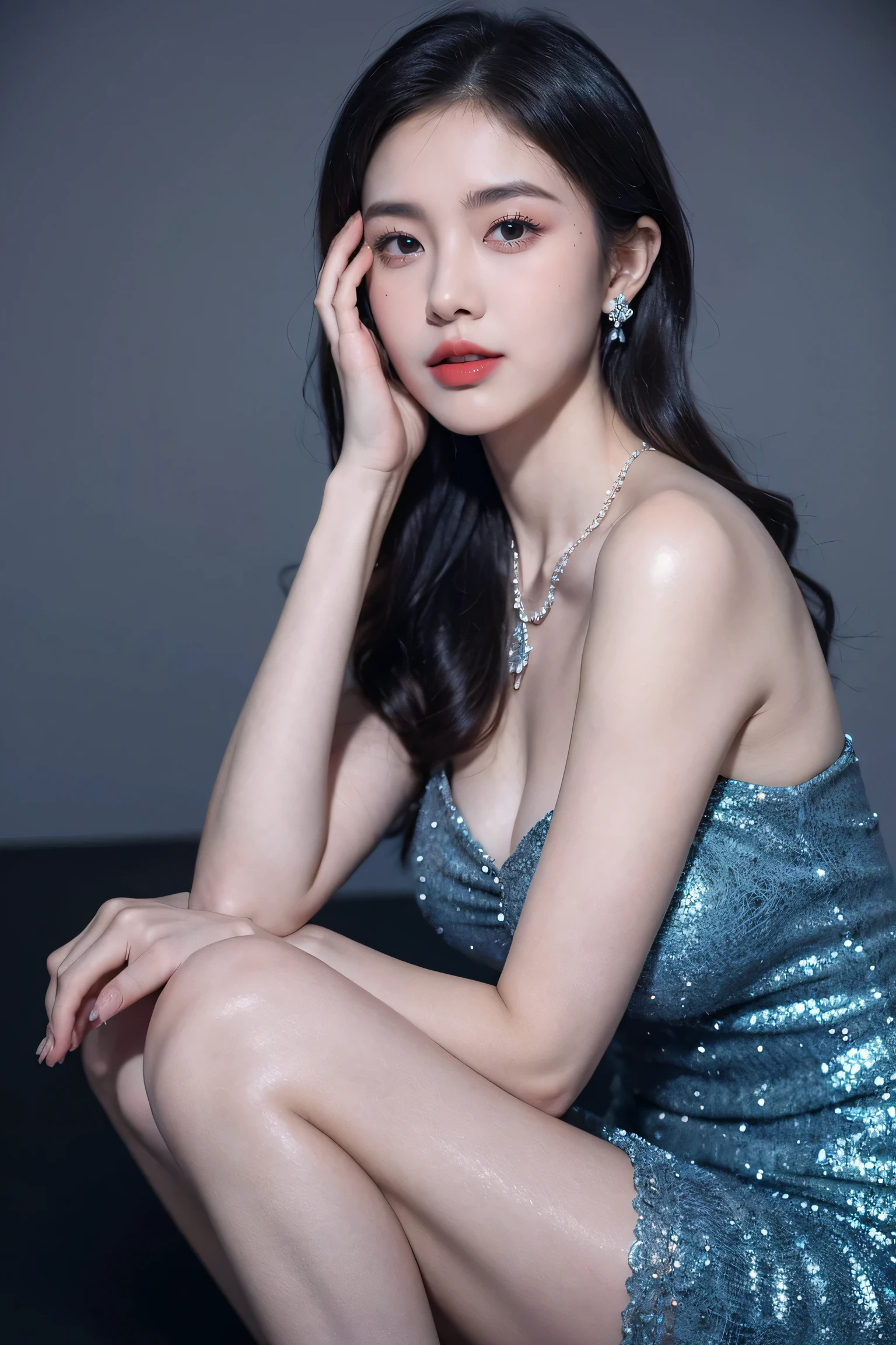 Top CG, Highest image quality, masterpiece, Gentle and beautiful girl, (185cm美女), (fit), Imperial sister, Queen temperament, White skin, ((Long legs)), perfect facial features, Bright Eyes, Seductive pose, Red lips, Beautiful and cold (A major breakthrough)), Beautiful and heroic, Soft and long hair, Glittering, Lace, net, Visible through clear skin, wear glasses, Diamond Earrings, ruby neckLace, (Blue evening dress), 8K Image Quality, (Realistic Portraits), Characters fill the screen, (Facial lighting), ((eternal)