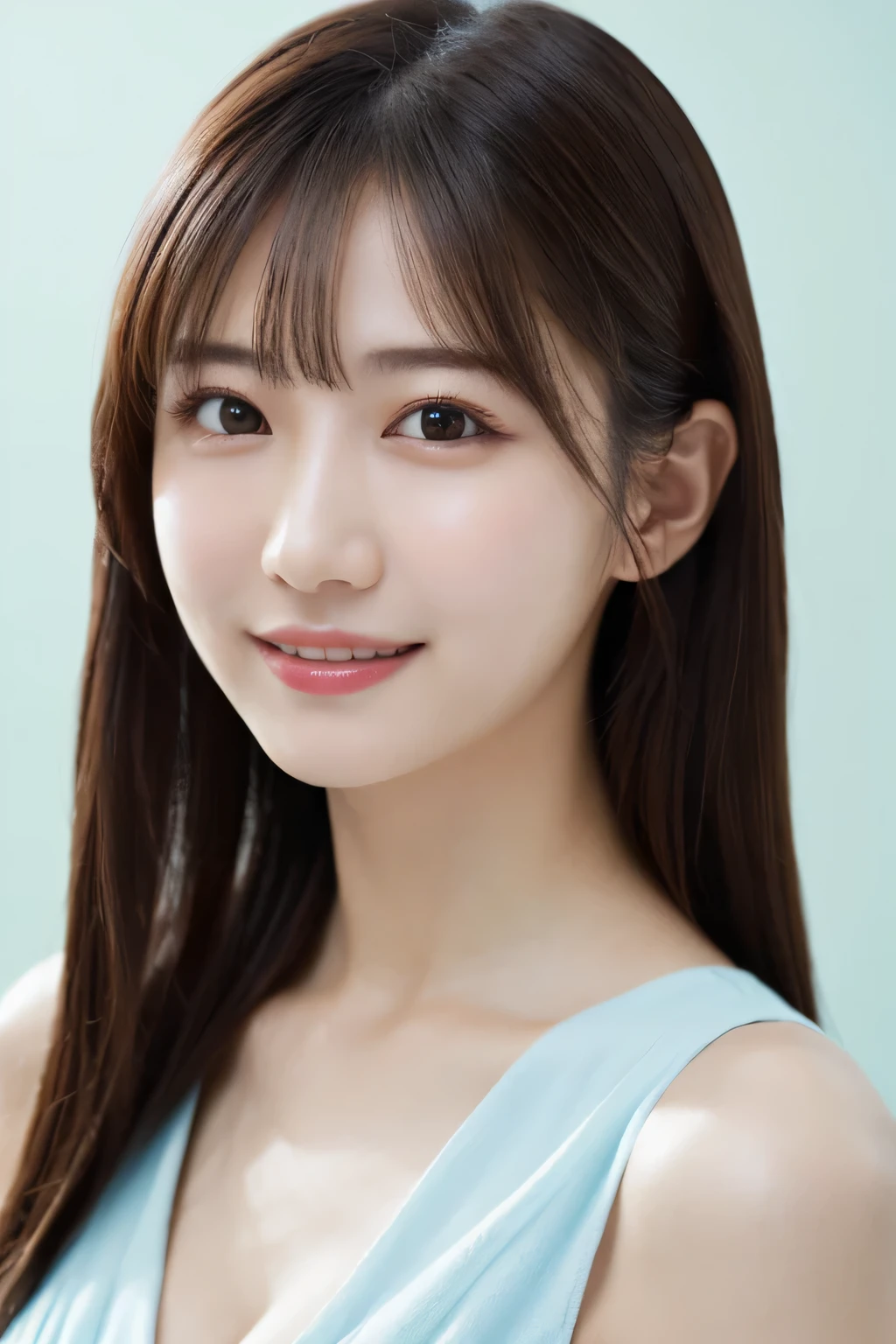 One Girl, (Wear a bright blue dress:1.2), (Beautiful Japanese idol portrait photos),
(Simple background in light colors:1.3),
(RAW Photos, highest quality), (Realistic, photo-Realistic:1.4), masterpiece, 8K Portrait,
Very delicate and beautiful, Very detailed, 2k wallpaper, wonderful, In detail, Very detailed CG unity 8k wallpaper, 
Very detailedな, High resolution, 
Soft Light, Beautiful detailed girl, Very detailed eyes and face, Beautiful and sophisticated nose, Beautiful details,
Cinema Lighting, Perfect Anatomy, 
Slender body, Flat Chest, Semi-long hair, bangs, Bokeh, Dynamic Angle, A light smile,