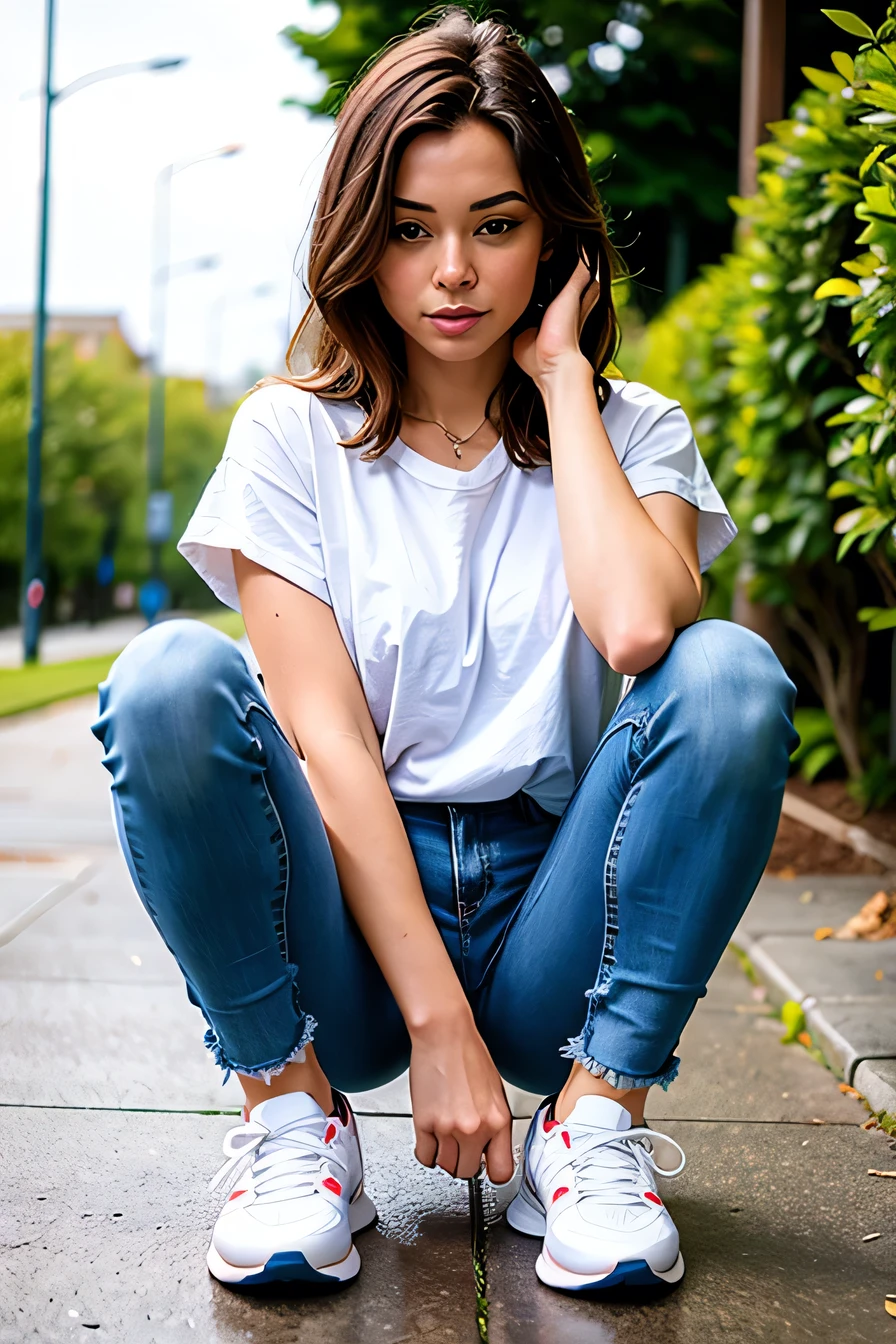 Woman in sneakers , feet, Skinny jeans、close