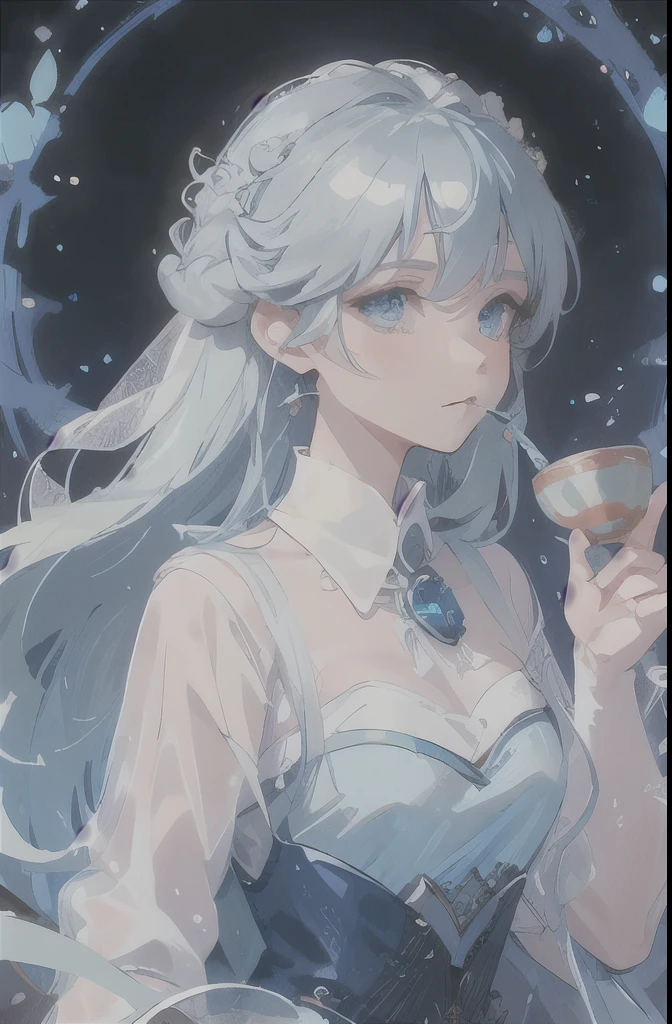 Two mouse-eared women、Elsa and Anna、simple clothes、tea time、starry sky, like Disney Sea.