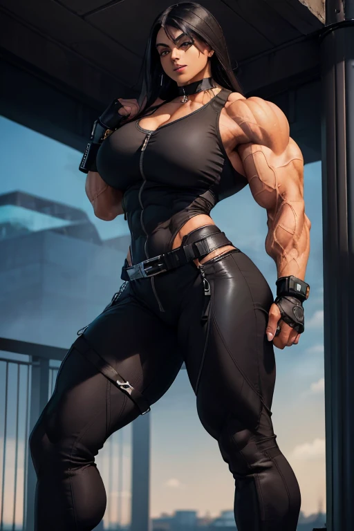 (((((Massive, tall, beautiful, buff, light brown skinned muscular woman with jet black hair, black lipstick, ginormous bulky muscles, hanging from a celling and wearing a half-zipped black Stealth suit with pants))))), (close view), (massive muscles), massive biceps, hyper muscle shoulders, ginormous muscle arms, hyper muscle triceps, (straight long hair), orange eyes, choker, (stealth belt), black boots, (fingerless gloves), (standing in a windy city), sensual smile, night, hyper vascular arm, hyper muscles arms, hyper muscle legs, (ginormous arms).