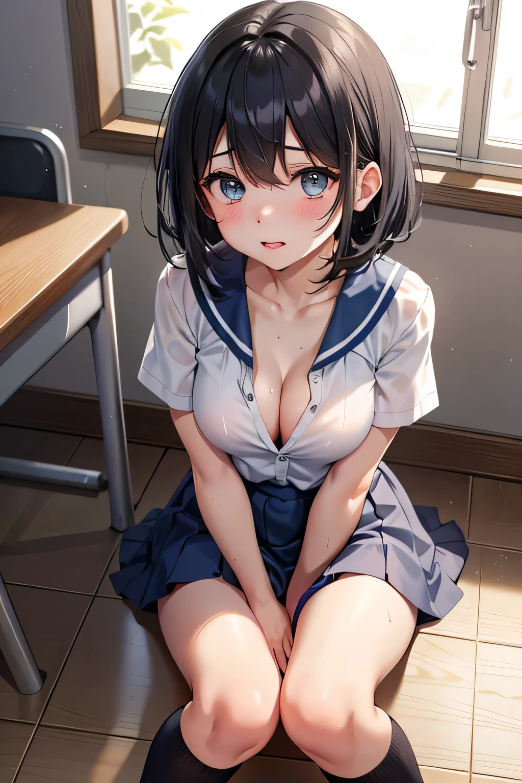 Highest quality、Highest Resolution、16K、Naughty images、high school girl、The cutest girl in class、Baby Face、Black Bob、Light blue eyes、Naughty lips、Short sleeve blouse、White blouse、Breast flash、Cleavage、slouch、Small breasts、Navy Blue Skirt、naughty thighs、Inner thighs、Black socks、Hide your arms behind your body、A body that knows no man、classroom、Rows of deskidsummer Sunshine、Hot classroom、Drenched in sweat、Looking up、Watching from above、After this, he makes a naughty request.