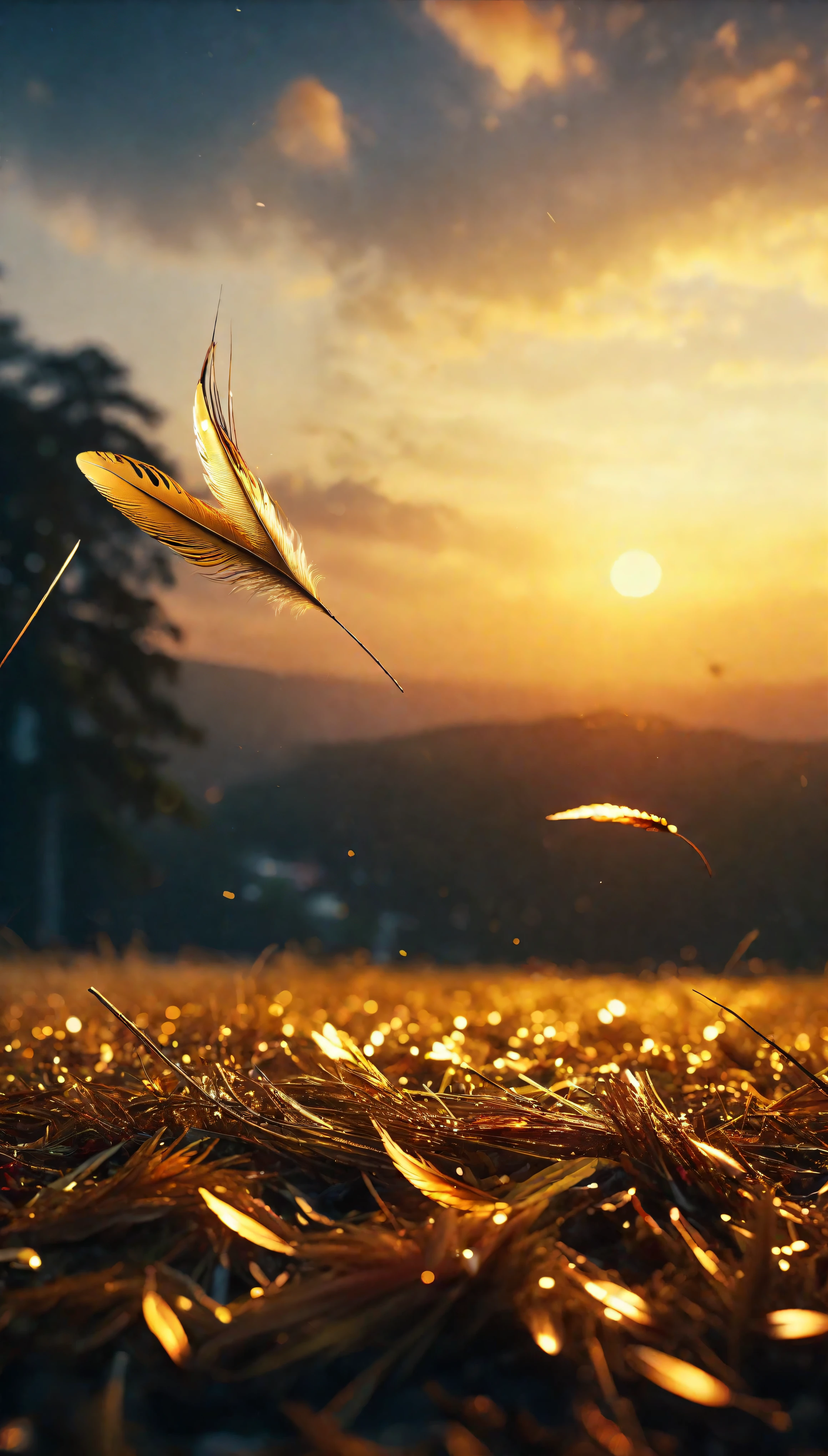 ((Masterpiece in maximum 16K resolution):1.6),((soft_color_photograpy:)1.5), ((Ultra-Detailed):1.4),((Movie-like still images and dynamic angles):1.3),((Wide cinematic lens):1.1). | ((Wide Cinematic shot of small golden feathers floating high in the sky):1.2), ((small golden feathers):1.1), ((high floating feathers):1.2), (wide cinematic lens), (tyndall effect), (a lot of feathers), (majestic sky), (magical atmosphere), (shimmer), (visual experience) ,(Realism), (Realistic),award-winning graphics, dark shot, film grain, extremely detailed, Digital Art, rtx, Unreal Engine, scene concept anti glare effect, All captured with sharp focus. | Rendered in ultra-high definition with UHD and retina quality, this masterpiece ensures anatomical correctness and textured skin with super detail. With a focus on high quality and accuracy, this award-winning portrayal captures every nuance in stunning 16k resolution, immersing viewers in its lifelike depiction. | ((perfect_composition, perfect_design, perfect_layout, perfect_detail, ultra_detailed)), ((enhance_all, fix_everything)), More Detail, Enhance.