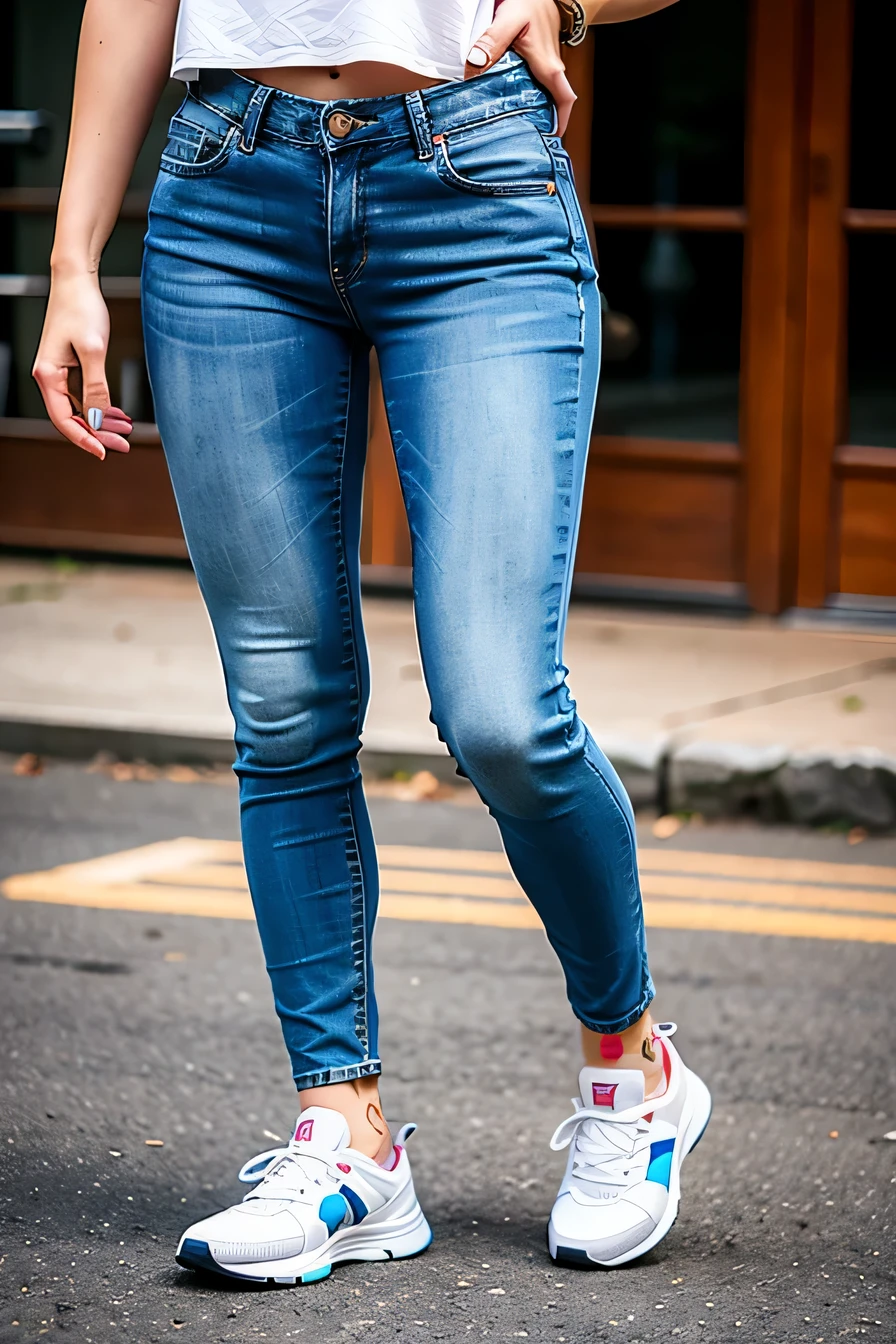 Woman in sneakers , feet, Skinny jeans、close