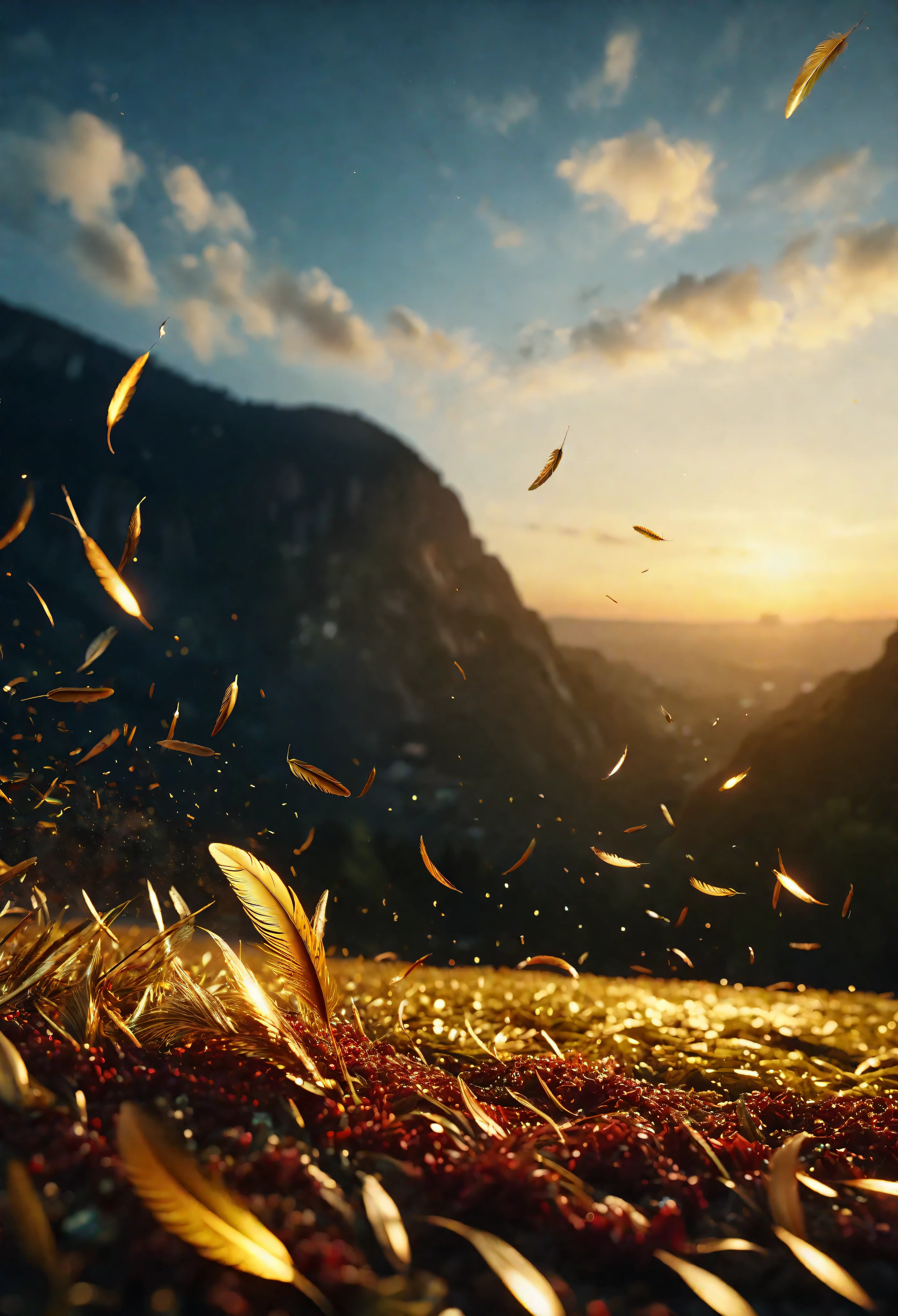 ((Masterpiece in maximum 16K resolution):1.6),((soft_color_photograpy:)1.5), ((Ultra-Detailed):1.4),((Movie-like still images and dynamic angles):1.3),((Wide cinematic lens):1.1). | ((Wide Cinematic shot of small golden feathers floating high in the sky):1.2), ((small golden feathers):1.1), ((high floating feathers):1.2), (wide cinematic lens), (tyndall effect), (a lot of feathers), (majestic sky), (magical atmosphere), (shimmer), (visual experience) ,(Realism), (Realistic),award-winning graphics, dark shot, film grain, extremely detailed, Digital Art, rtx, Unreal Engine, scene concept anti glare effect, All captured with sharp focus. | Rendered in ultra-high definition with UHD and retina quality, this masterpiece ensures anatomical correctness and textured skin with super detail. With a focus on high quality and accuracy, this award-winning portrayal captures every nuance in stunning 16k resolution, immersing viewers in its lifelike depiction. | ((perfect_composition, perfect_design, perfect_layout, perfect_detail, ultra_detailed)), ((enhance_all, fix_everything)), More Detail, Enhance.