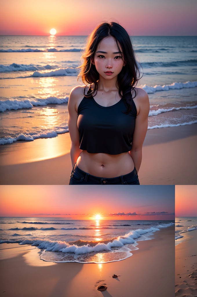 Create a hyper realistic photo contain an outstanding scene of sunset on a beach. 