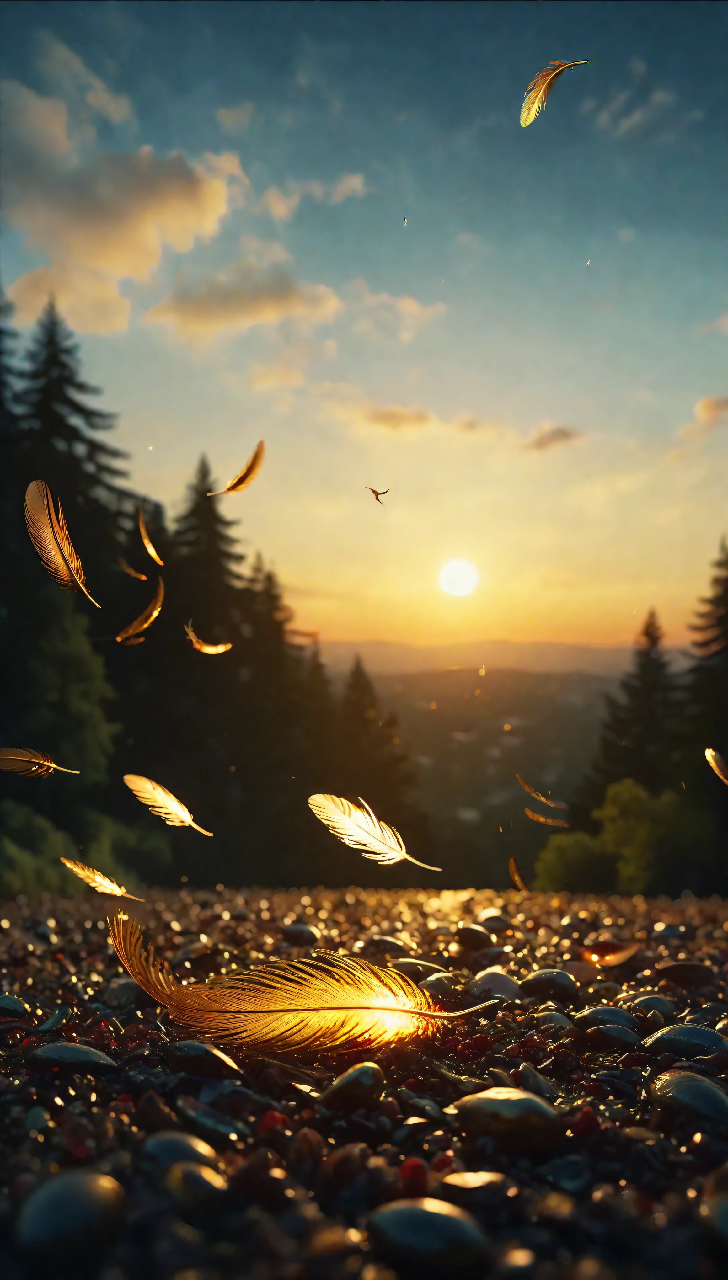 ((Masterpiece in maximum 16K resolution):1.6),((soft_color_photograpy:)1.5), ((Ultra-Detailed):1.4),((Movie-like still images and dynamic angles):1.3),((Wide cinematic lens):1.1). | ((Wide Cinematic shot of small golden feathers floating high in the sky):1.2), ((small golden feathers):1.1), ((high floating feathers):1.2), (wide cinematic lens), (tyndall effect), (a lot of feathers), (majestic sky), (magical atmosphere), (shimmer), (visual experience) ,(Realism), (Realistic),award-winning graphics, dark shot, film grain, extremely detailed, Digital Art, rtx, Unreal Engine, scene concept anti glare effect, All captured with sharp focus. | Rendered in ultra-high definition with UHD and retina quality, this masterpiece ensures anatomical correctness and textured skin with super detail. With a focus on high quality and accuracy, this award-winning portrayal captures every nuance in stunning 16k resolution, immersing viewers in its lifelike depiction. | ((perfect_composition, perfect_design, perfect_layout, perfect_detail, ultra_detailed)), ((enhance_all, fix_everything)), More Detail, Enhance.