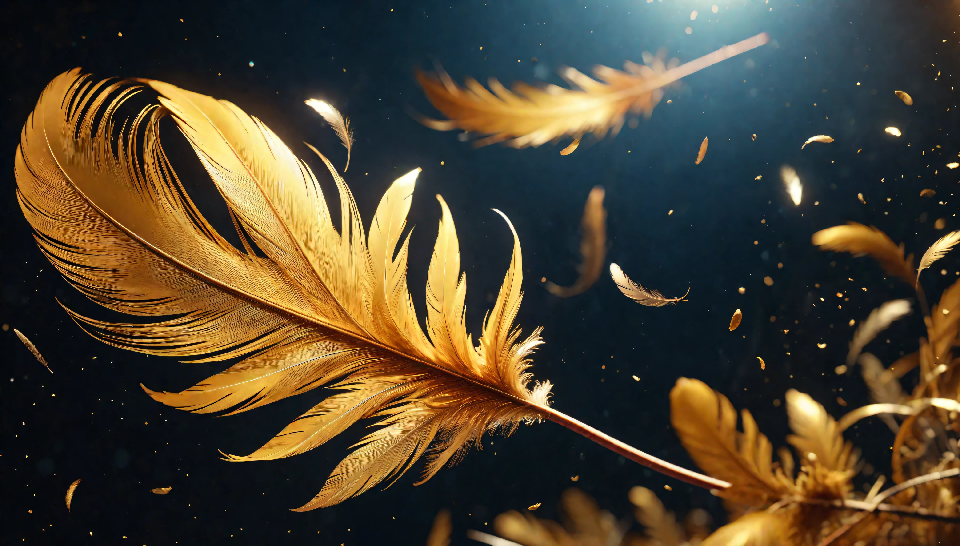 ((Masterpiece in maximum 16K resolution):1.6),((soft_color_photograpy:)1.5), ((Ultra-Detailed):1.4),((Movie-like still images and dynamic angles):1.3),((Wide cinematic lens):1.1). | ((Wide Cinematic shot of small golden feathers floating high in the sky):1.2), ((small golden feathers):1.1), ((high floating feathers):1.2), (wide cinematic lens), (tyndall effect), (a lot of feathers), (majestic sky), (magical atmosphere), (shimmer), (visual experience) ,(Realism), (Realistic),award-winning graphics, dark shot, film grain, extremely detailed, Digital Art, rtx, Unreal Engine, scene concept anti glare effect, All captured with sharp focus. | Rendered in ultra-high definition with UHD and retina quality, this masterpiece ensures anatomical correctness and textured skin with super detail. With a focus on high quality and accuracy, this award-winning portrayal captures every nuance in stunning 16k resolution, immersing viewers in its lifelike depiction. | ((perfect_composition, perfect_design, perfect_layout, perfect_detail, ultra_detailed)), ((enhance_all, fix_everything)), More Detail, Enhance.