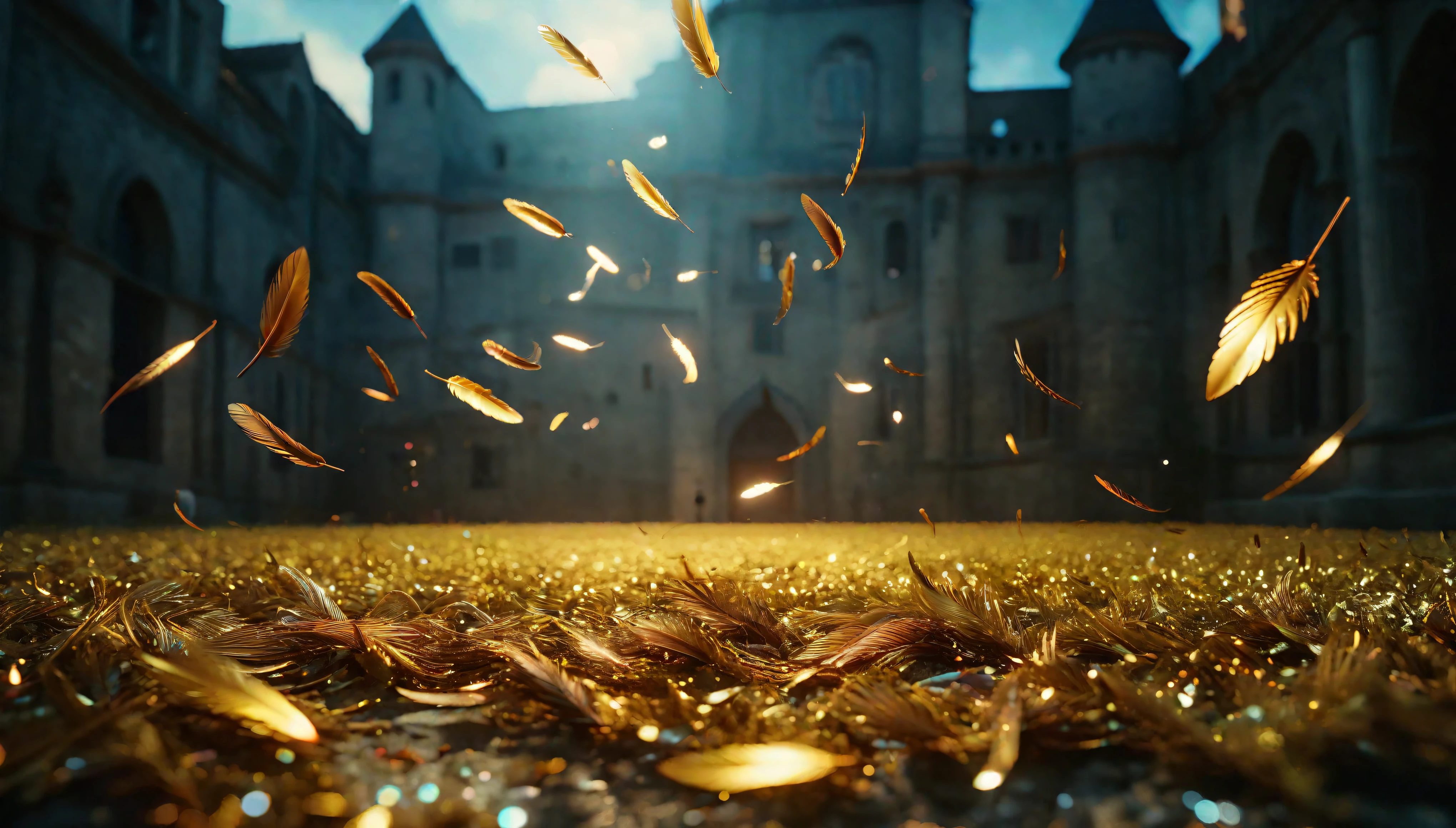 ((Masterpiece in maximum 16K resolution):1.6),((soft_color_photograpy:)1.5), ((Ultra-Detailed):1.4),((Movie-like still images and dynamic angles):1.3),((Wide cinematic lens):1.1). | ((Wide Cinematic shot of small golden feathers floating high in the sky):1.2), ((small golden feathers):1.1), ((high floating feathers):1.2), (wide cinematic lens), (tyndall effect), (a lot of feathers), (majestic sky), (magical atmosphere), (shimmer), (visual experience) ,(Realism), (Realistic),award-winning graphics, dark shot, film grain, extremely detailed, Digital Art, rtx, Unreal Engine, scene concept anti glare effect, All captured with sharp focus. | Rendered in ultra-high definition with UHD and retina quality, this masterpiece ensures anatomical correctness and textured skin with super detail. With a focus on high quality and accuracy, this award-winning portrayal captures every nuance in stunning 16k resolution, immersing viewers in its lifelike depiction. | ((perfect_composition, perfect_design, perfect_layout, perfect_detail, ultra_detailed)), ((enhance_all, fix_everything)), More Detail, Enhance.