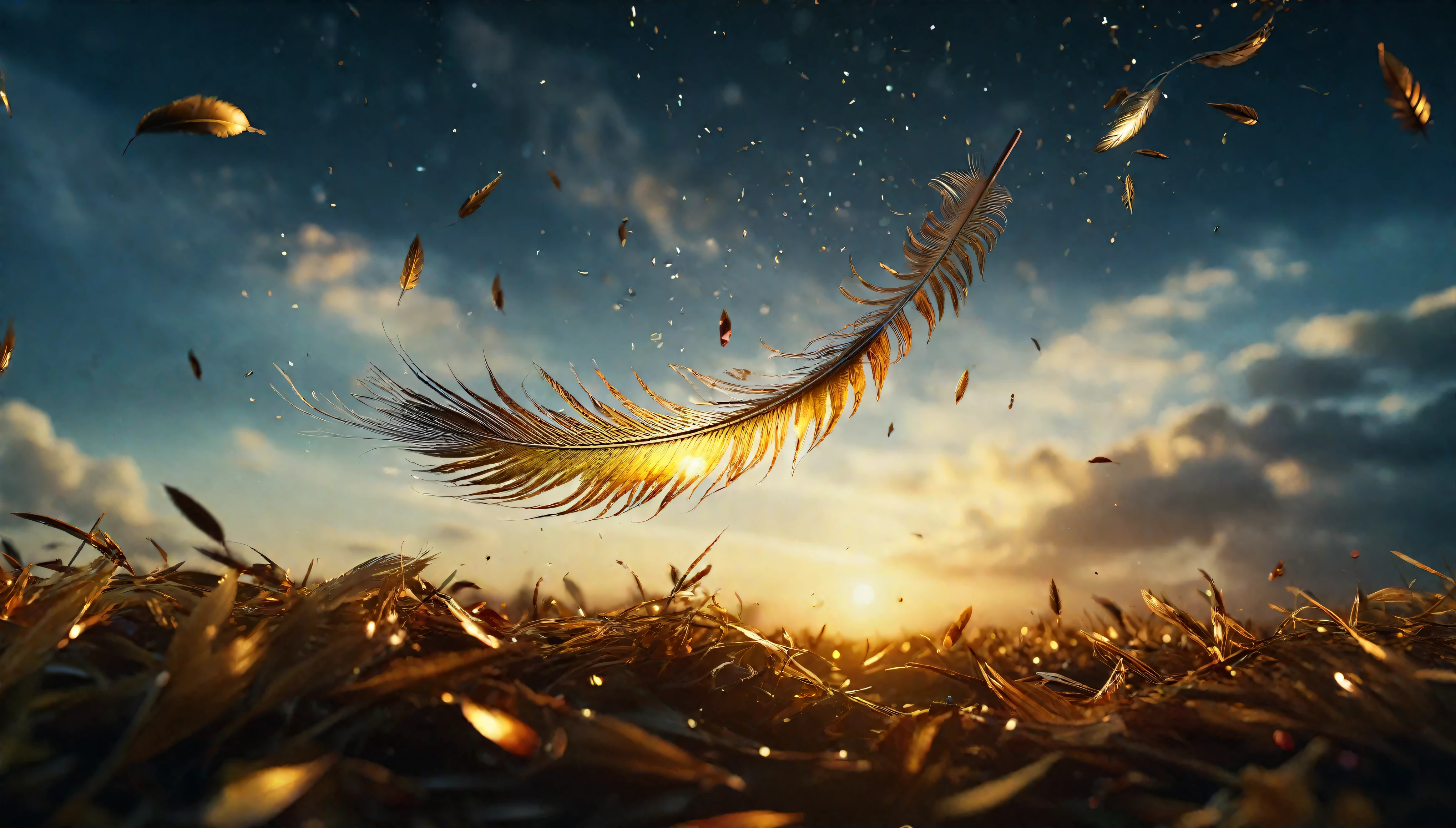 ((Masterpiece in maximum 16K resolution):1.6),((soft_color_photograpy:)1.5), ((Ultra-Detailed):1.4),((Movie-like still images and dynamic angles):1.3),((Wide cinematic lens):1.1). | ((Wide Cinematic shot of small golden feathers floating high in the sky):1.2), ((small golden feathers):1.1), ((high floating feathers):1.2), (wide cinematic lens), (tyndall effect), (a lot of feathers), (majestic sky), (magical atmosphere), (shimmer), (visual experience) ,(Realism), (Realistic),award-winning graphics, dark shot, film grain, extremely detailed, Digital Art, rtx, Unreal Engine, scene concept anti glare effect, All captured with sharp focus. | Rendered in ultra-high definition with UHD and retina quality, this masterpiece ensures anatomical correctness and textured skin with super detail. With a focus on high quality and accuracy, this award-winning portrayal captures every nuance in stunning 16k resolution, immersing viewers in its lifelike depiction. | ((perfect_composition, perfect_design, perfect_layout, perfect_detail, ultra_detailed)), ((enhance_all, fix_everything)), More Detail, Enhance.