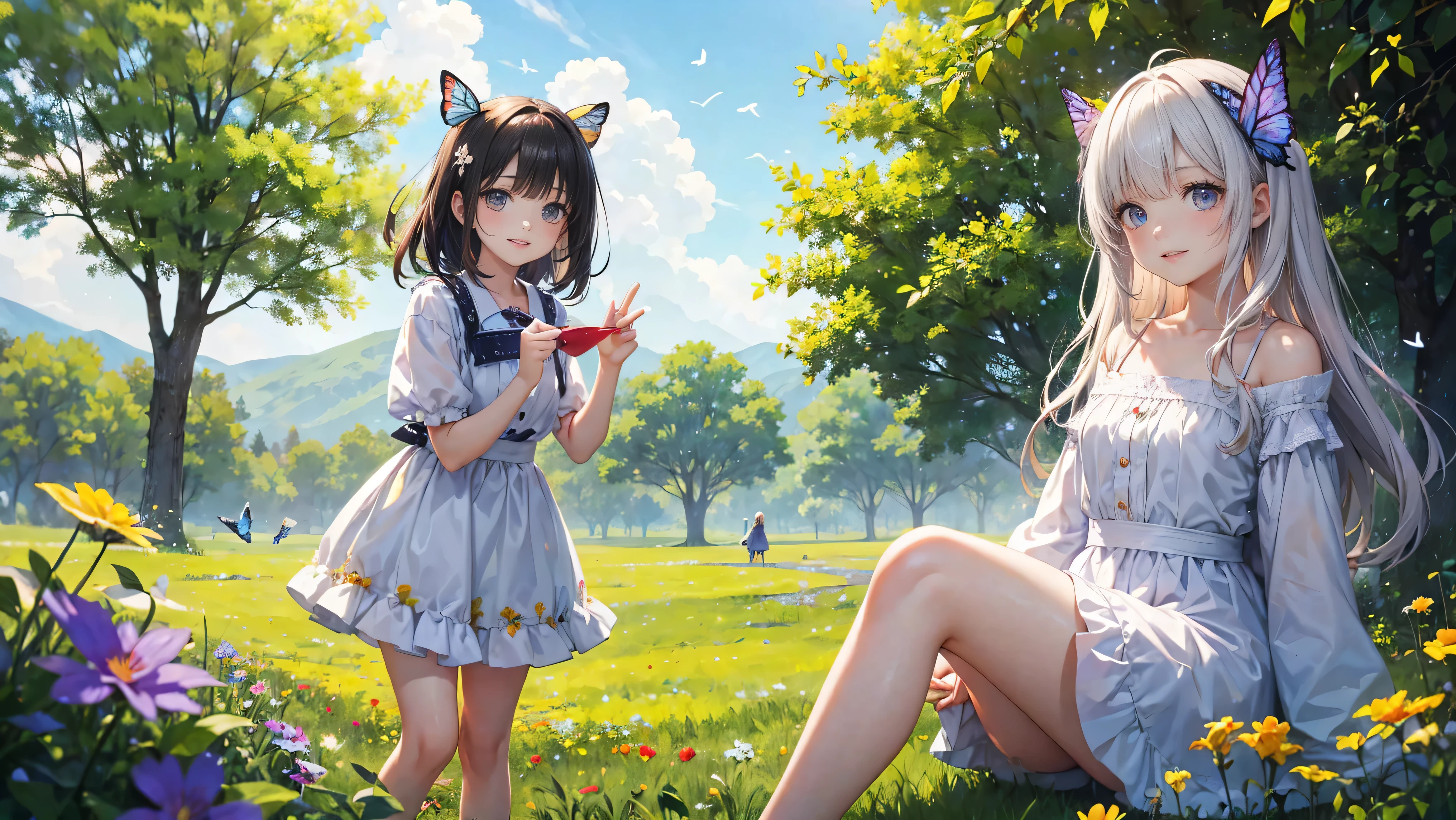 Two pure and innocent girls,()、(2 people)、Cute face、Beautiful Eyes、Odd Eye、Natural Beauty、Warm sunshine、Wildflowers swaying in the wind々Surrounded by、Enjoying time in the fields。Butterflies and birds fly around her、Creates a playful atmosphere、fun、smile、