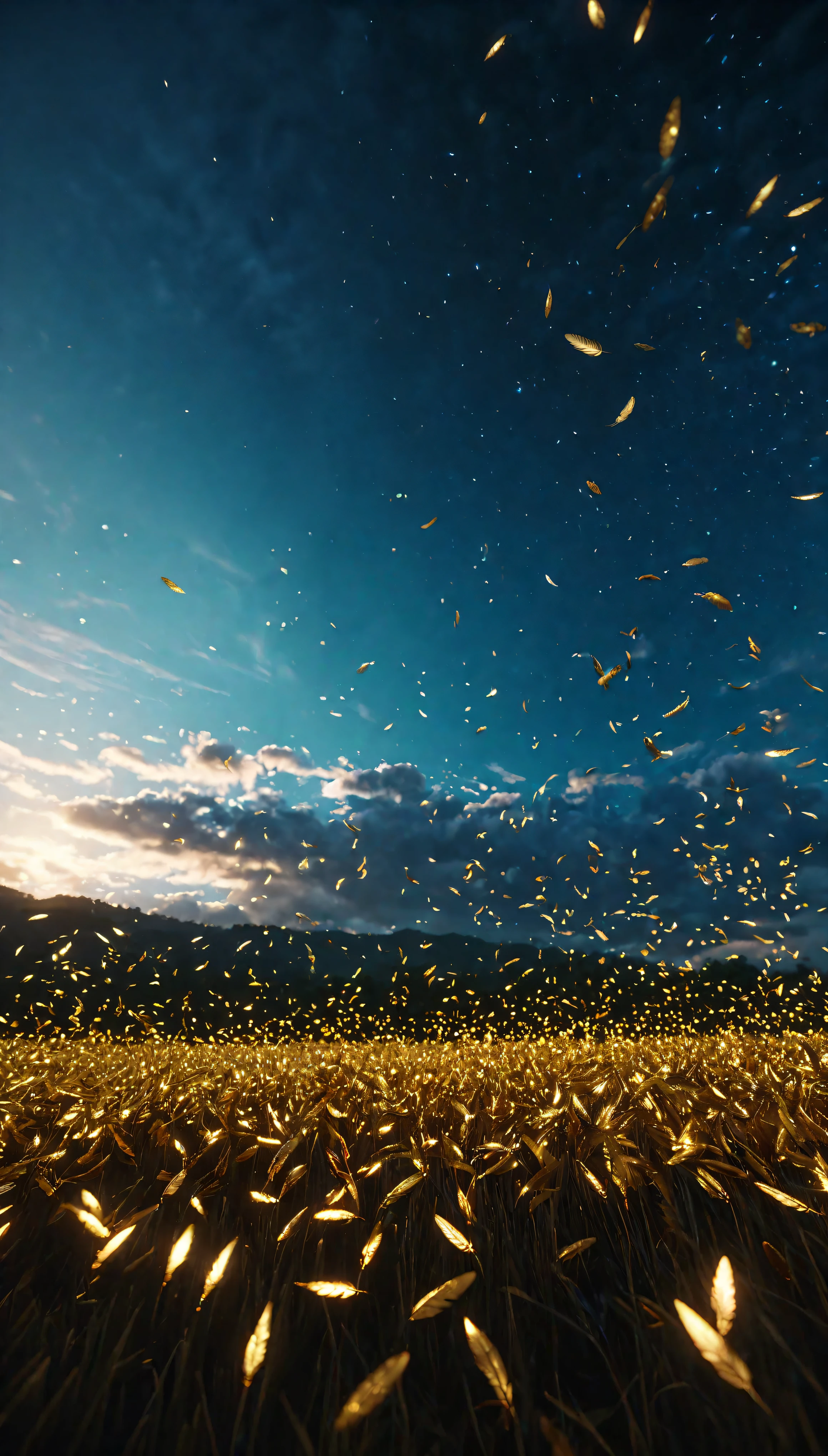 ((Masterpiece in maximum 16K resolution):1.6),((soft_color_photograpy:)1.5), ((Ultra-Detailed):1.4),((Movie-like still images and dynamic angles):1.3),((Wide cinematic lens):1.1). | ((Wide Cinematic shot of small golden feathers floating high in the sky):1.2), ((small golden feathers):1.1), ((floating feathers high in the sky):1.3), (wide cinematic lens), (tyndall effect), (a lot of feathers), (majestic sky), (magical atmosphere), (shimmer), (visual experience) ,(Realism), (Realistic),award-winning graphics, dark shot, film grain, extremely detailed, Digital Art, rtx, Unreal Engine, scene concept anti glare effect, All captured with sharp focus. | Rendered in ultra-high definition with UHD and retina quality, this masterpiece ensures anatomical correctness and textured skin with super detail. With a focus on high quality and accuracy, this award-winning portrayal captures every nuance in stunning 16k resolution, immersing viewers in its lifelike depiction. | ((perfect_composition, perfect_design, perfect_layout, perfect_detail, ultra_detailed)), ((enhance_all, fix_everything)), More Detail, Enhance.