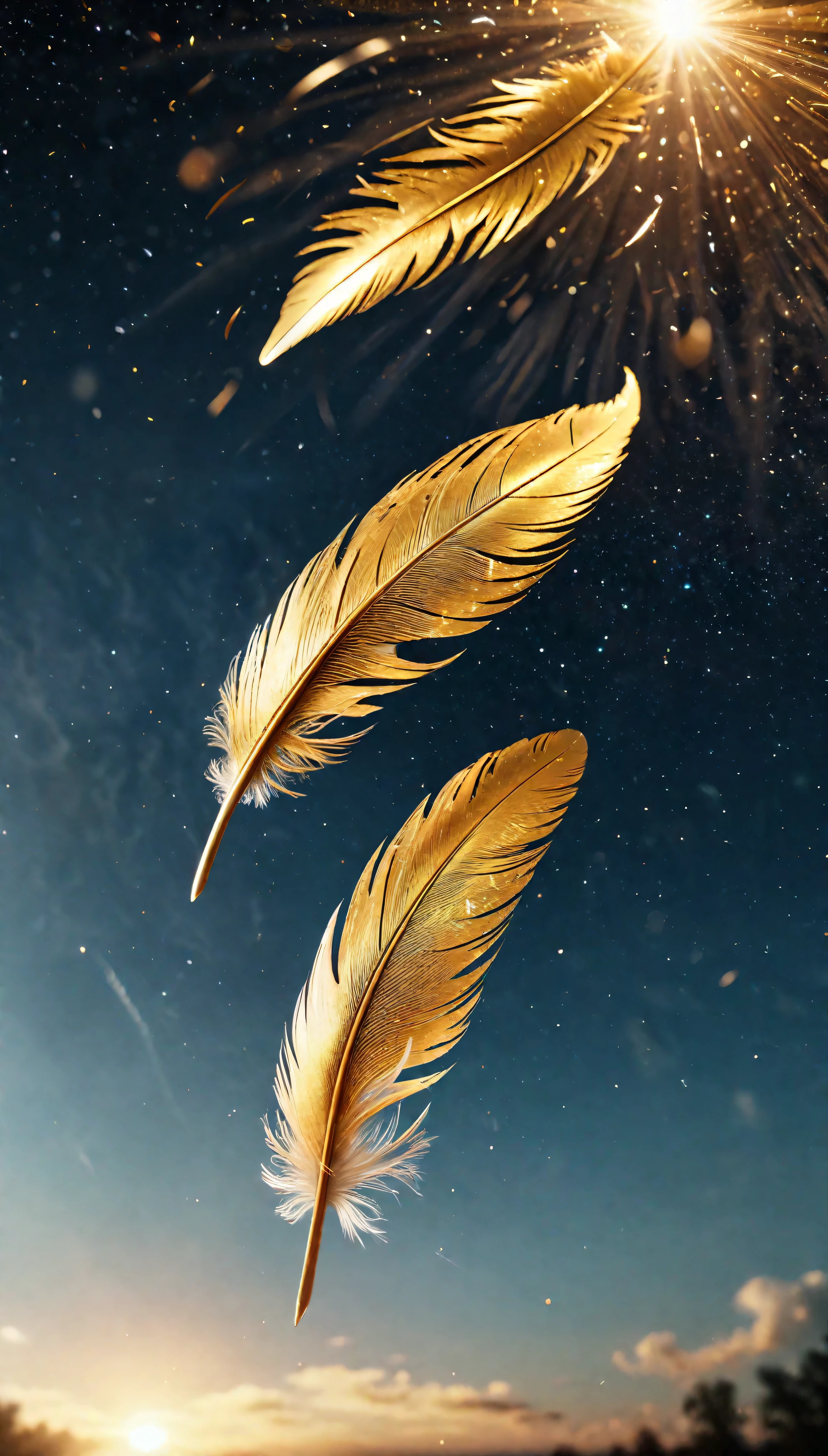 ((Masterpiece in maximum 16K resolution):1.6),((soft_color_photograpy:)1.5), ((Ultra-Detailed):1.4),((Movie-like still images and dynamic angles):1.3),((Wide cinematic lens):1.1). | ((Wide Cinematic shot of small golden feathers floating high in the sky):1.2), ((small golden feathers):1.1), ((floating feathers high in the sky):1.3), (wide cinematic lens), (tyndall effect), (a lot of feathers), (majestic sky), (magical atmosphere), (shimmer), (visual experience) ,(Realism), (Realistic),award-winning graphics, dark shot, film grain, extremely detailed, Digital Art, rtx, Unreal Engine, scene concept anti glare effect, All captured with sharp focus. | Rendered in ultra-high definition with UHD and retina quality, this masterpiece ensures anatomical correctness and textured skin with super detail. With a focus on high quality and accuracy, this award-winning portrayal captures every nuance in stunning 16k resolution, immersing viewers in its lifelike depiction. | ((perfect_composition, perfect_design, perfect_layout, perfect_detail, ultra_detailed)), ((enhance_all, fix_everything)), More Detail, Enhance.