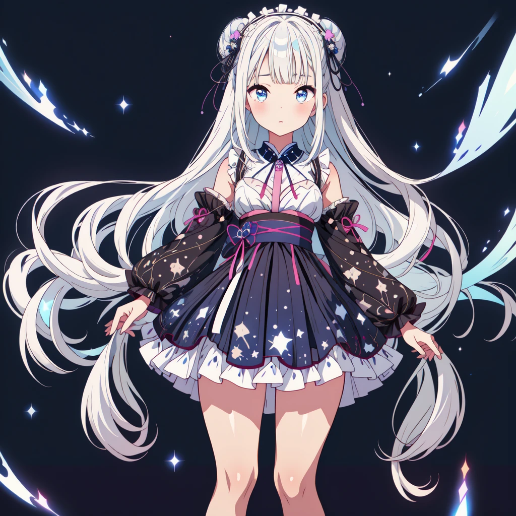 Star Fairy、(masterpiece, best quality), 1girl, 「A beautifully printed galaxy patterned kimono and gothic lolita outfit.、Space pattern box pleated mini skirt with ruffles、Standing in front of the viewer、Knee-high boots、Captivating eyes、Perfect and stunning face、Exquisite details、Clear images、highest quality。」Milky white and blue gradient long straight hair、glow hair,